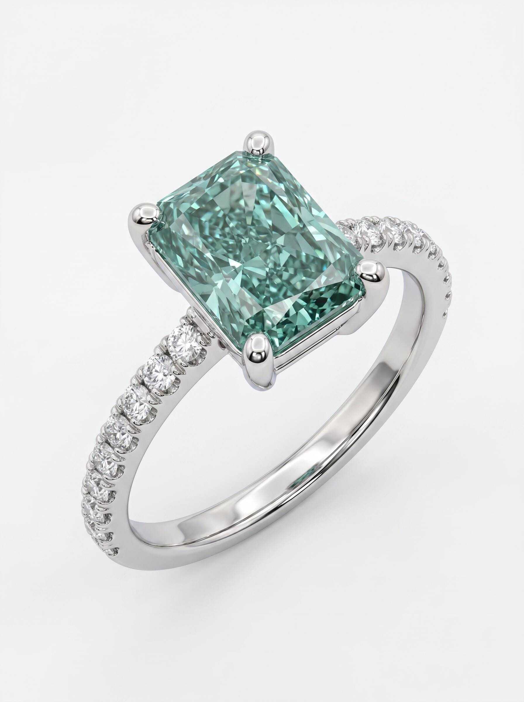 3.25 Carat Total Fancy Vivid Green Color Radiant Cut Diamond Engagement Ring