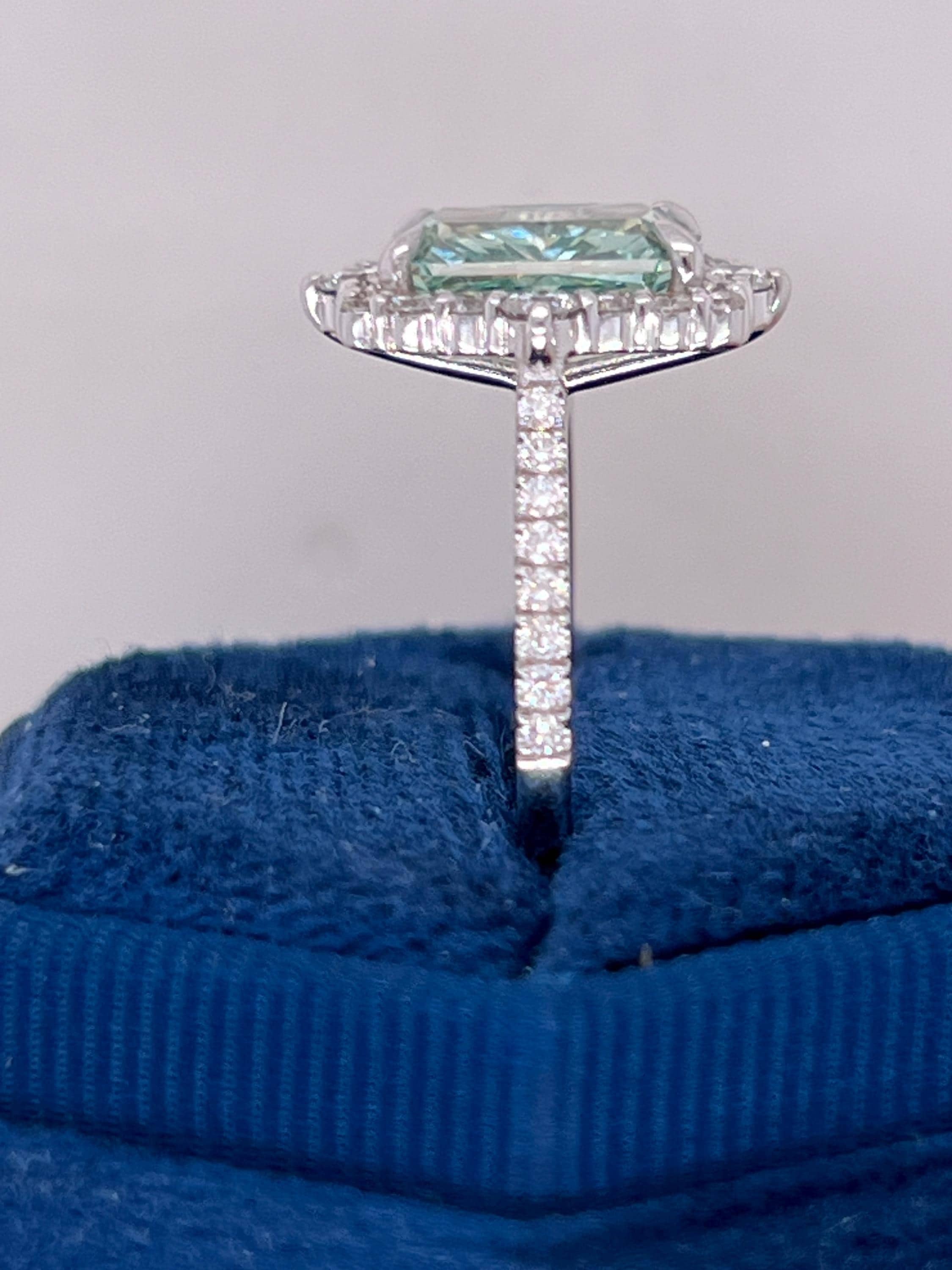 Fancy Vivid Green Rare Color 3.5 Carat Total Radiant Cut Diamond Halo Engagement Ring
