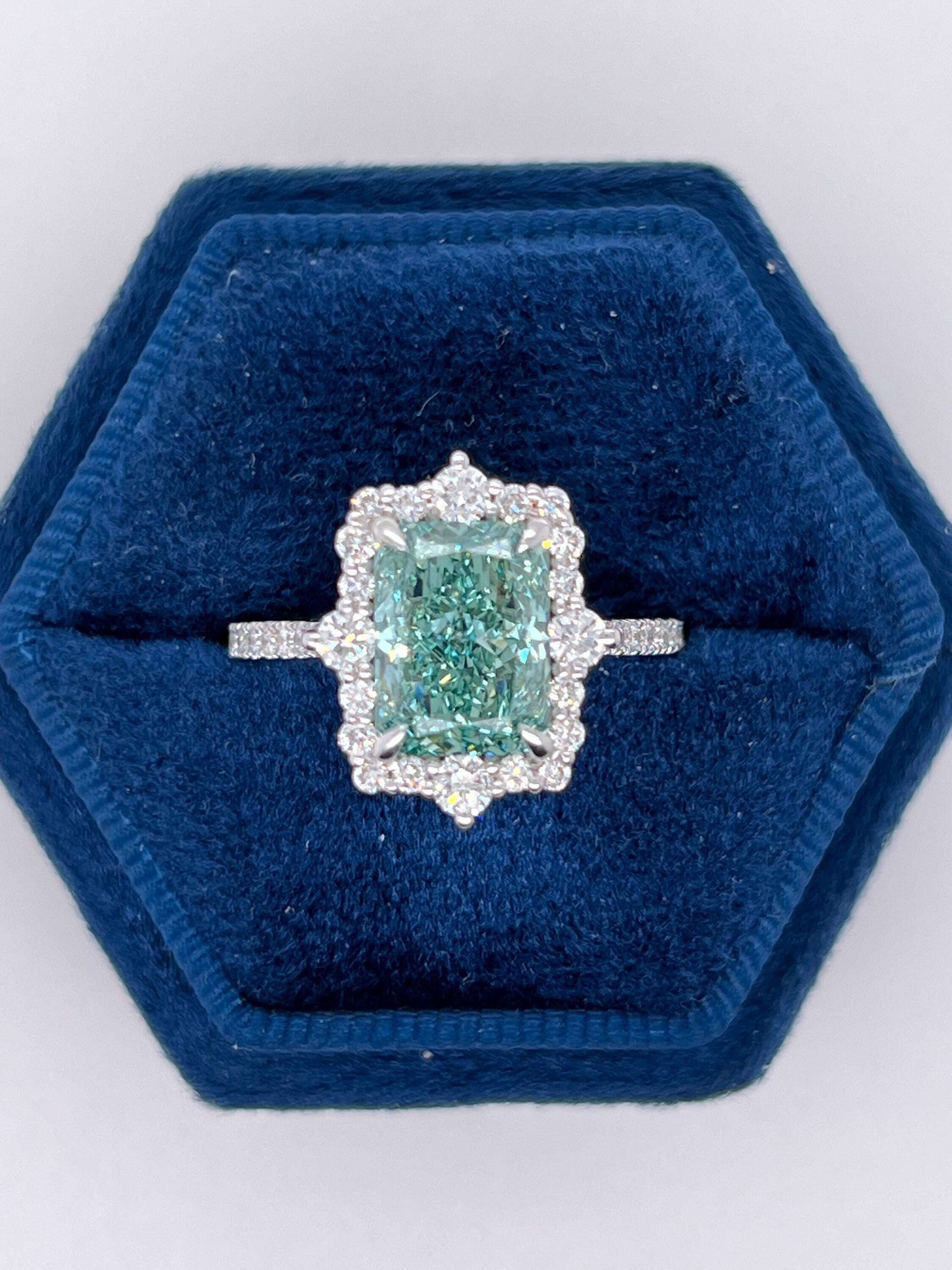 Fancy Vivid Green Rare Color 3.5 Carat Total Radiant Cut Diamond Halo Engagement Ring