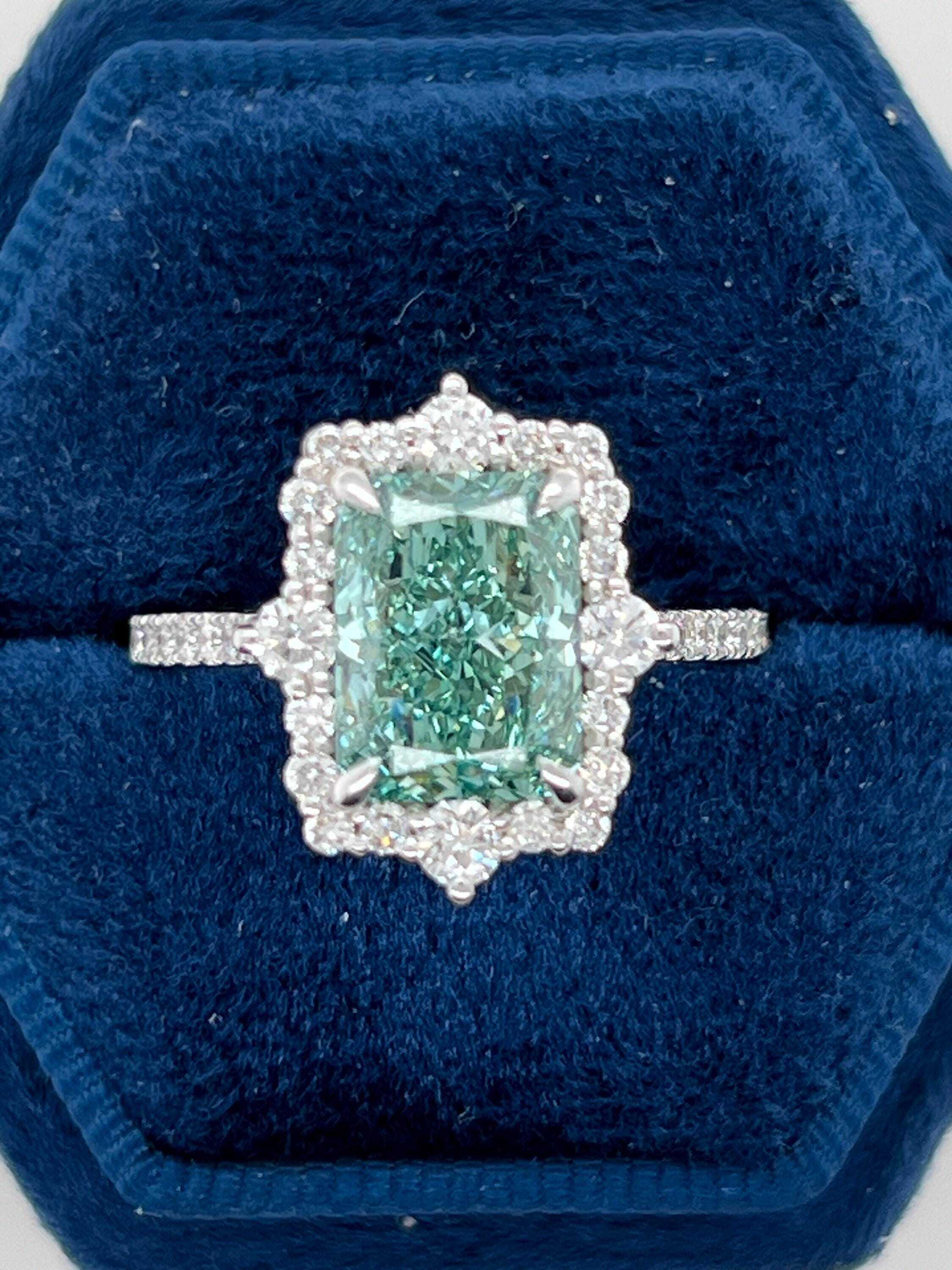 Fancy Vivid Green Rare Color 3.5 Carat Total Radiant Cut Diamond Halo Engagement Ring
