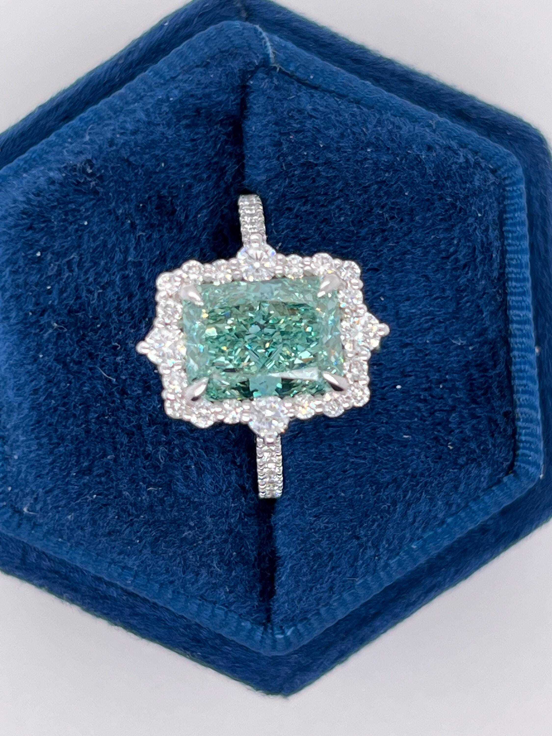 Fancy Vivid Green Rare Color 3.5 Carat Total Radiant Cut Diamond Halo Engagement Ring