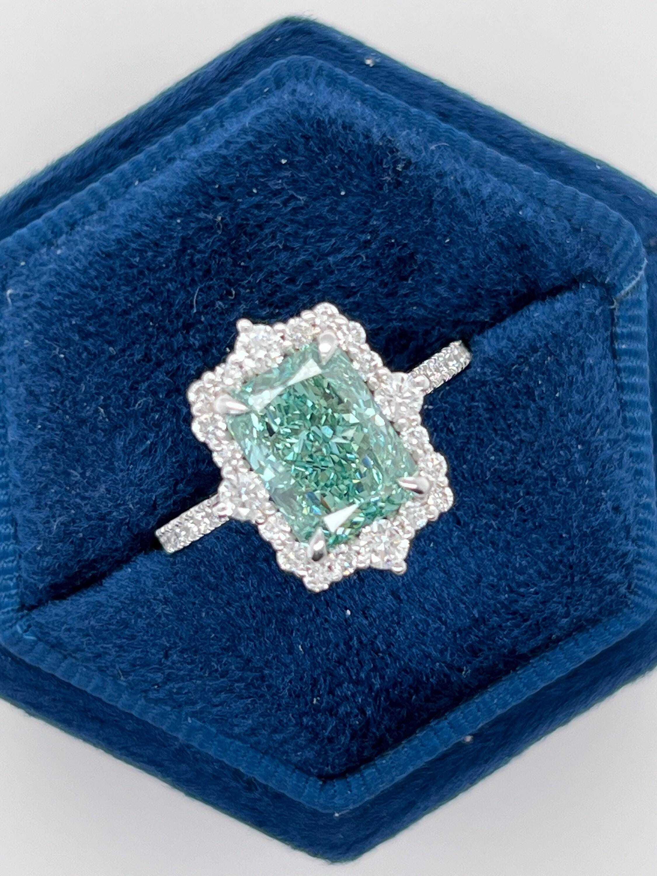 Fancy Vivid Green Rare Color 3.5 Carat Total Radiant Cut Diamond Halo Engagement Ring