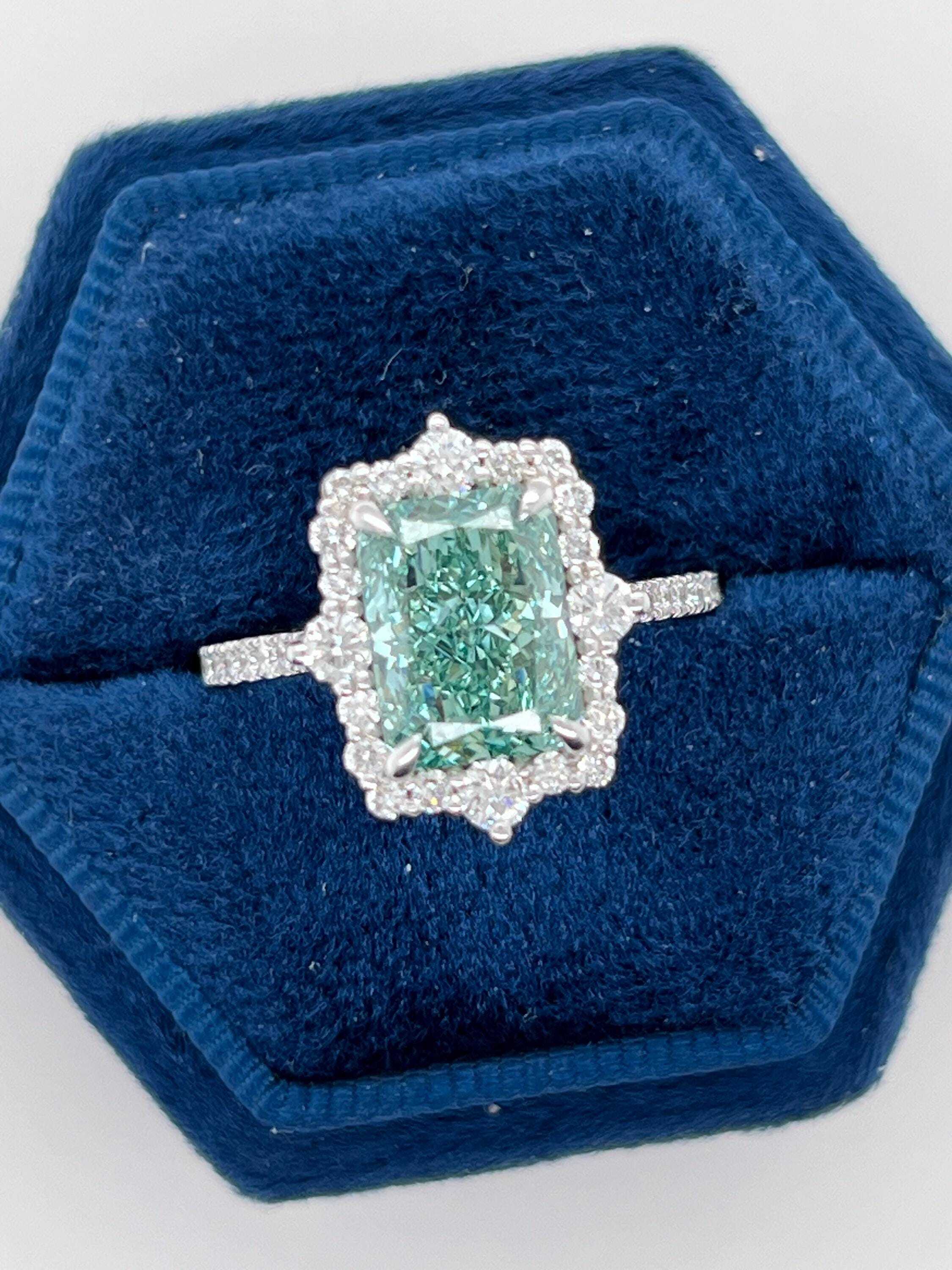 Fancy Vivid Green Rare Color 3.5 Carat Total Radiant Cut Diamond Halo Engagement Ring