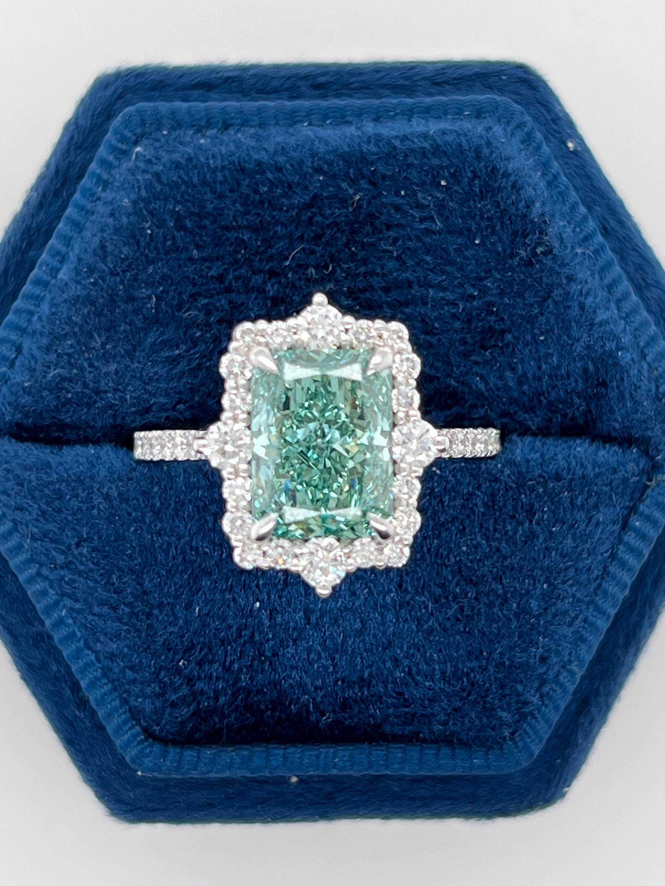 Fancy Vivid Green Rare Color 3.5 Carat Total Radiant Cut Diamond Halo Engagement Ring