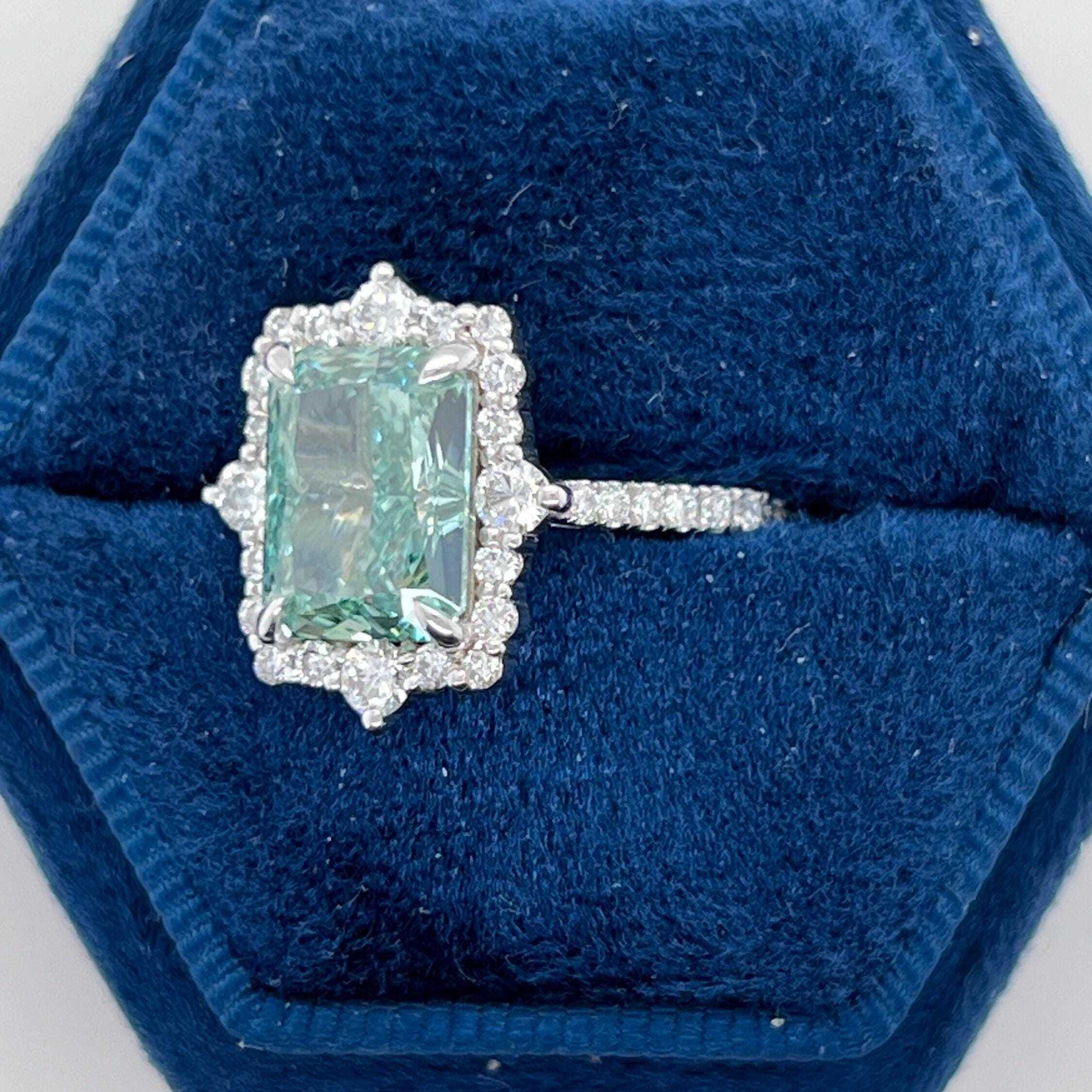 Fancy Vivid Green Rare Color 3.5 Carat Total Radiant Cut Diamond Halo Engagement Ring