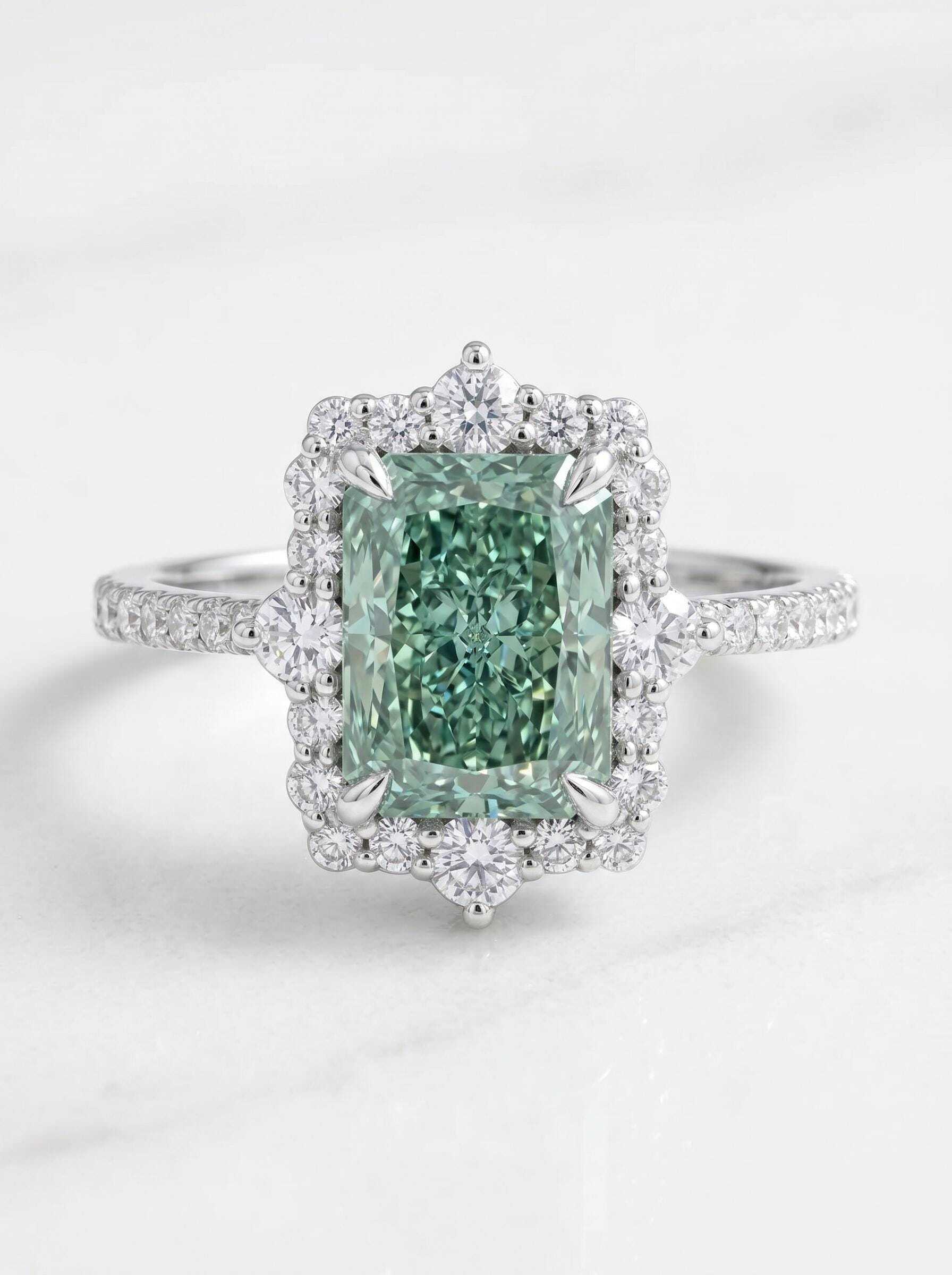 Fancy Vivid Green Rare Color 3.5 Carat Total Radiant Cut Diamond Halo Engagement Ring
