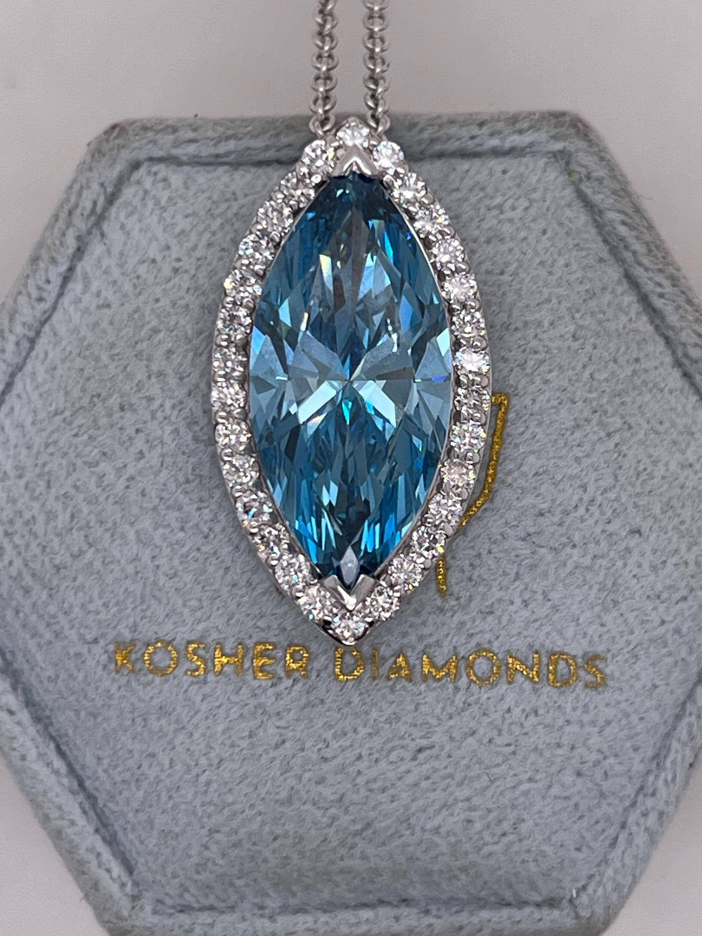 7.5 Carat Fancy Vivid Blue Color Marquise Cut Diamond Halo Pendant