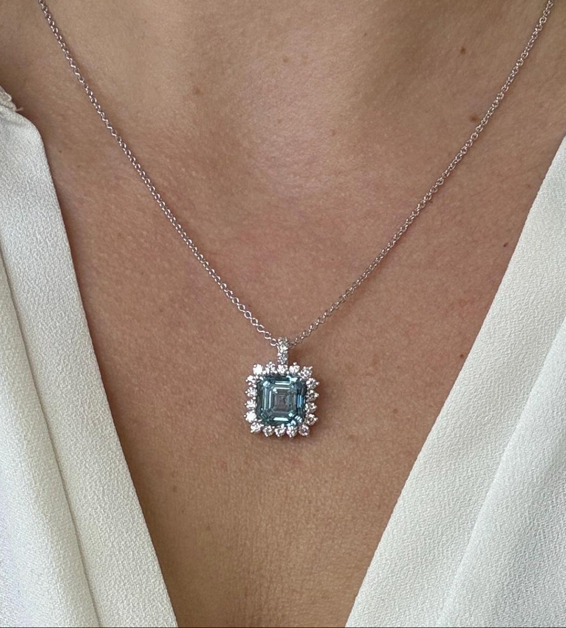 6.25 Carat Fancy Vivid Blue Color Asscher Cut Diamond Halo Pendant