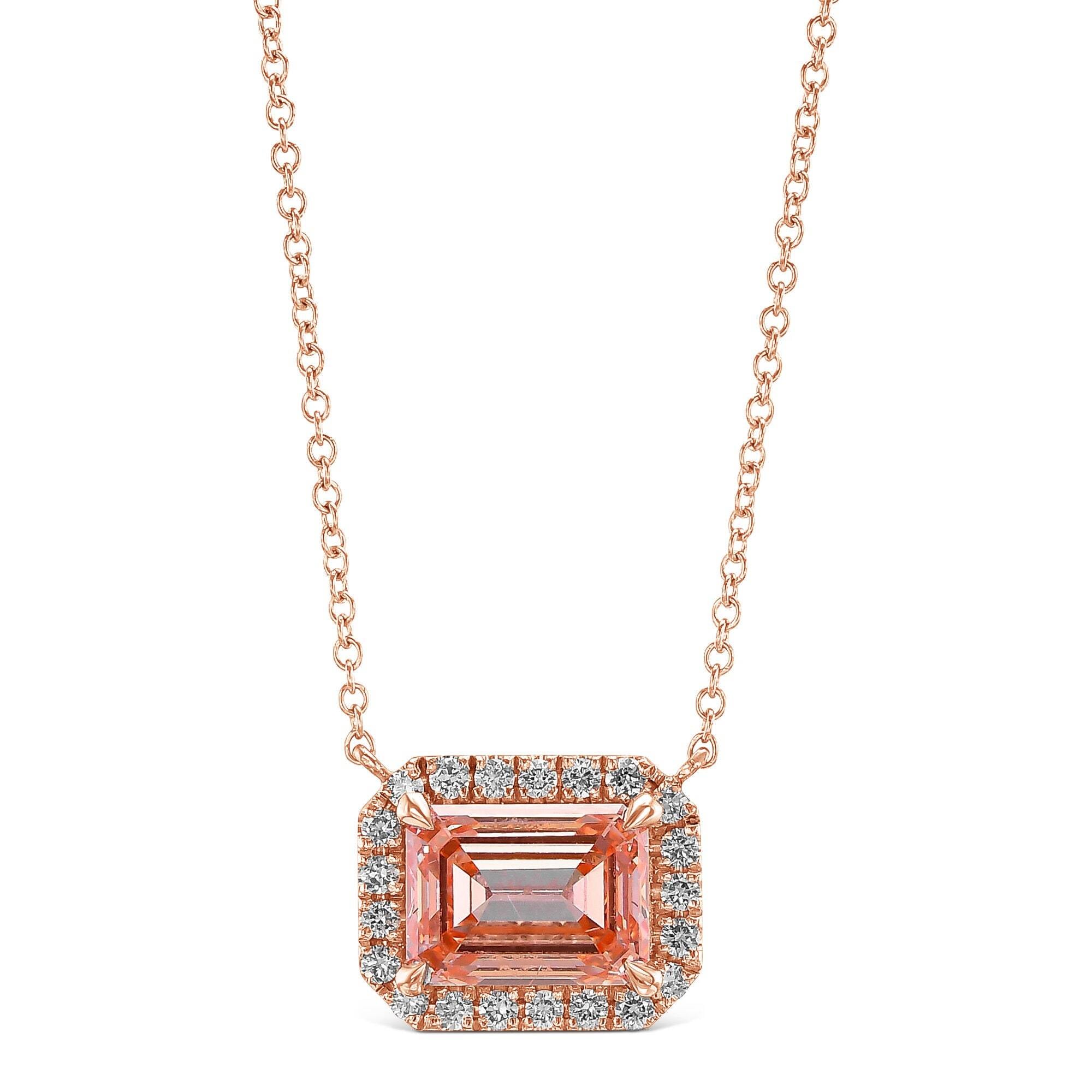 2.25 Carat Fancy Vivid Pink Color Emerald Cut Diamond Halo Pendant