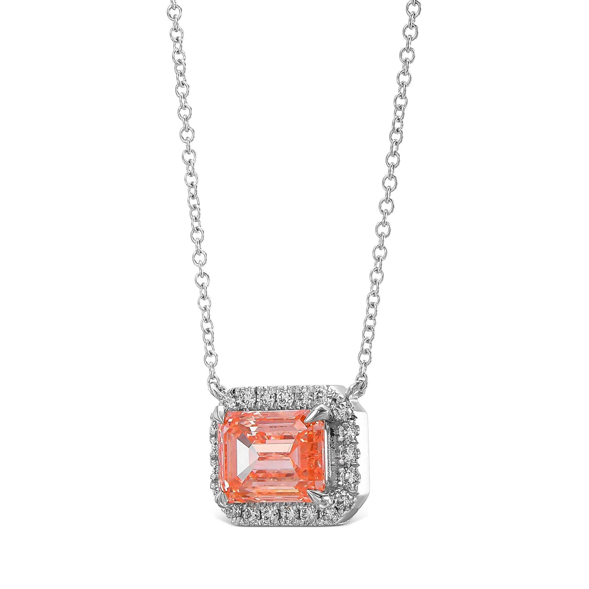 2.25 Carat Fancy Vivid Pink Color Emerald Cut Diamond Halo Pendant