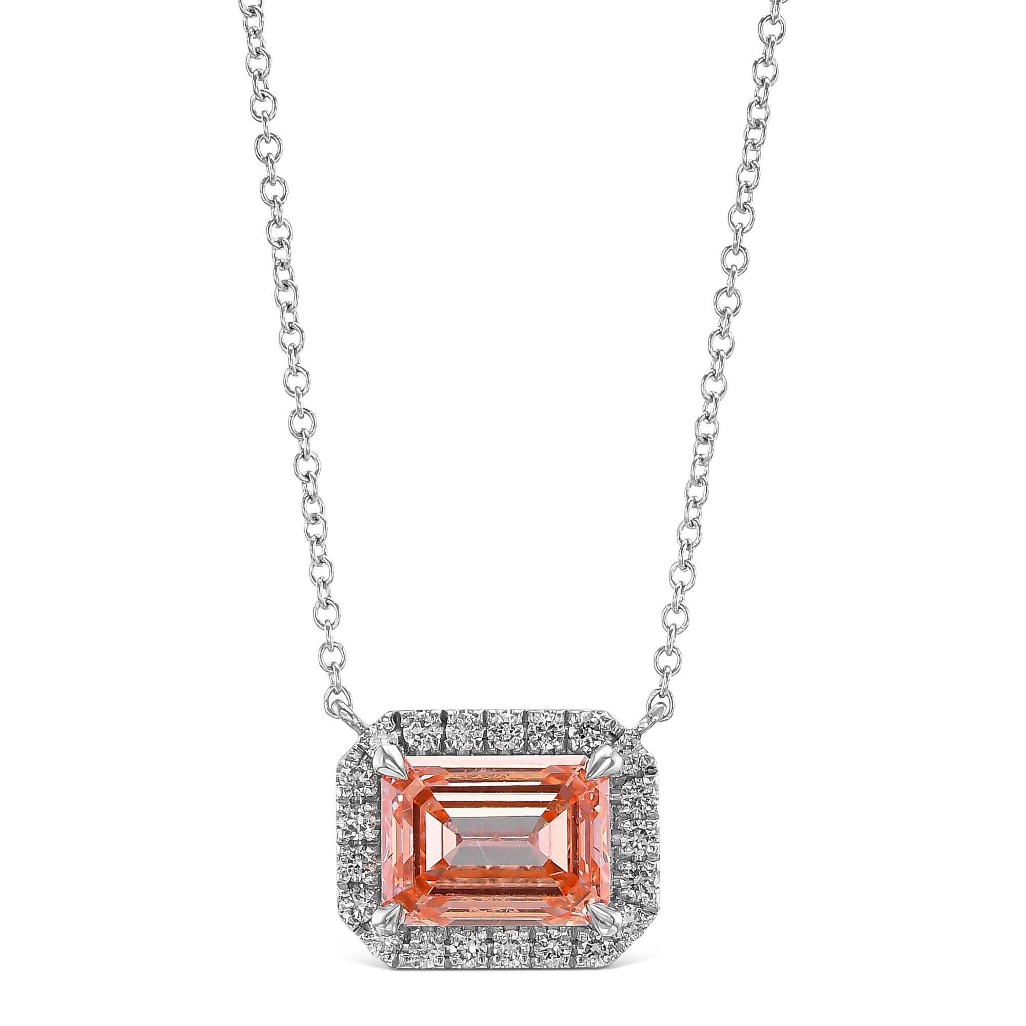 2.25 Carat Fancy Vivid Pink Color Emerald Cut Diamond Halo Pendant