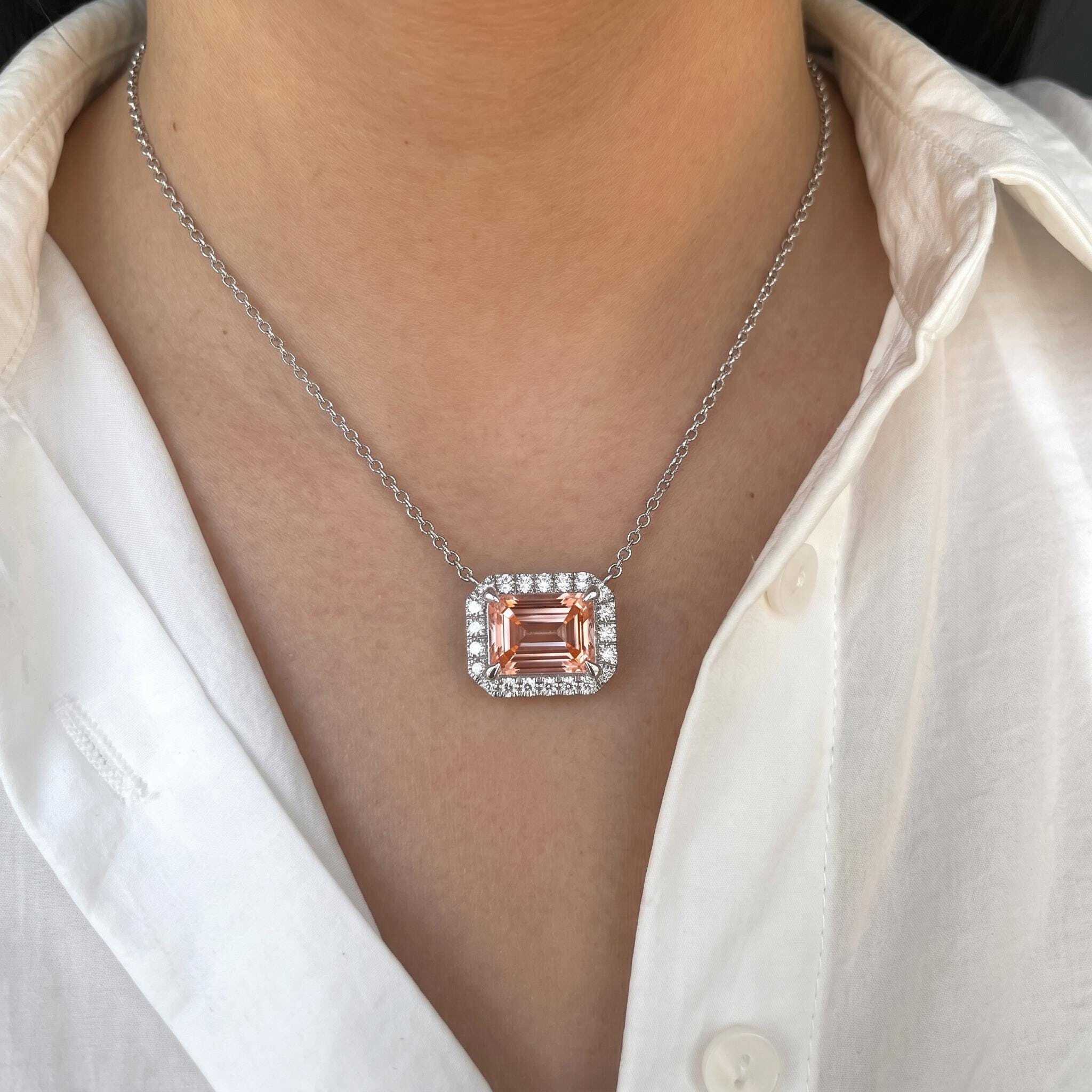 2.25 Carat Fancy Vivid Pink Color Emerald Cut Diamond Halo Pendant