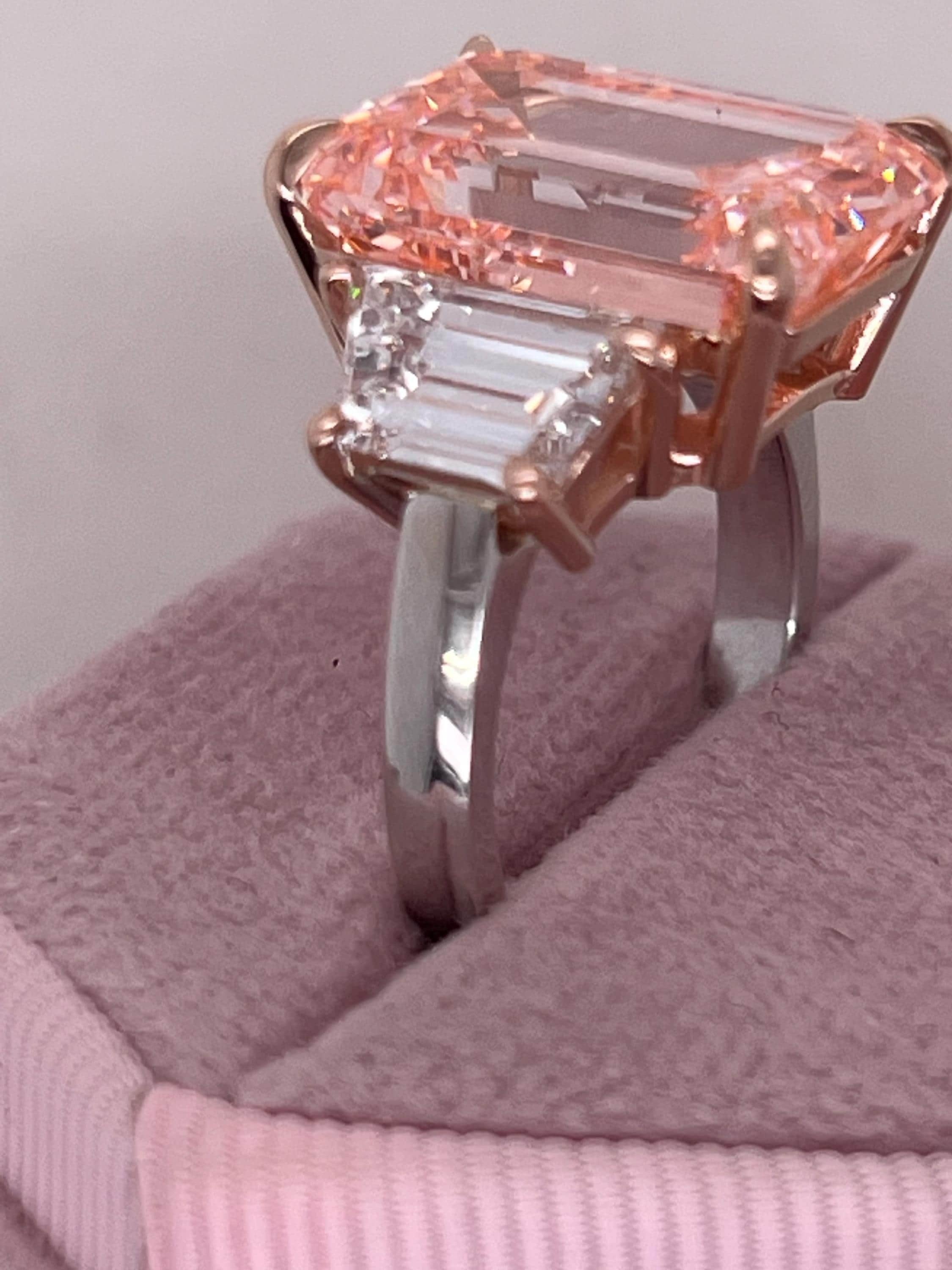 12.25 Carat Fancy Intense Pink Emerald Cut Three Diamond Two Tone Engagement Ring