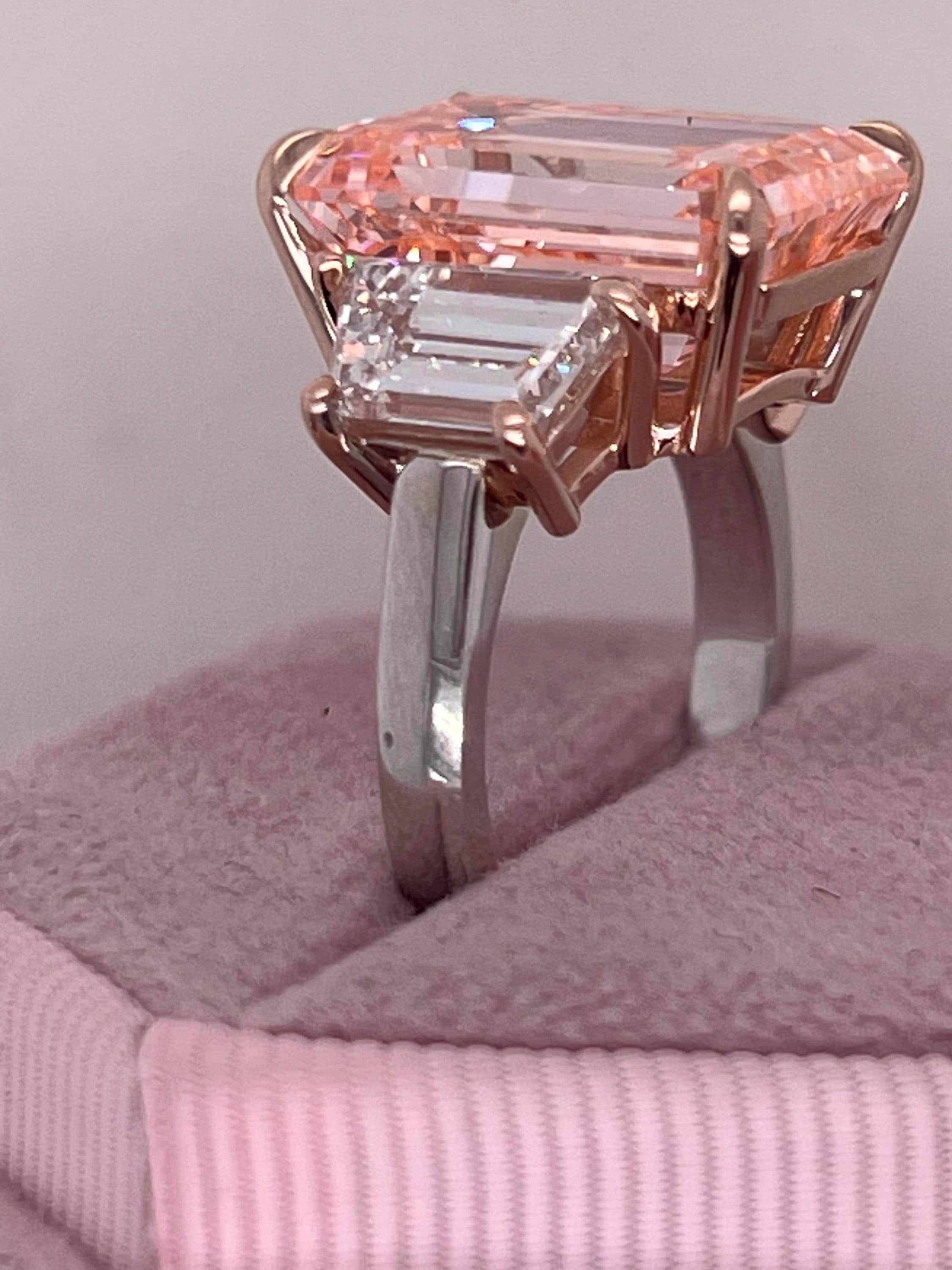 12.25 Carat Fancy Intense Pink Emerald Cut Three Diamond Two Tone Engagement Ring