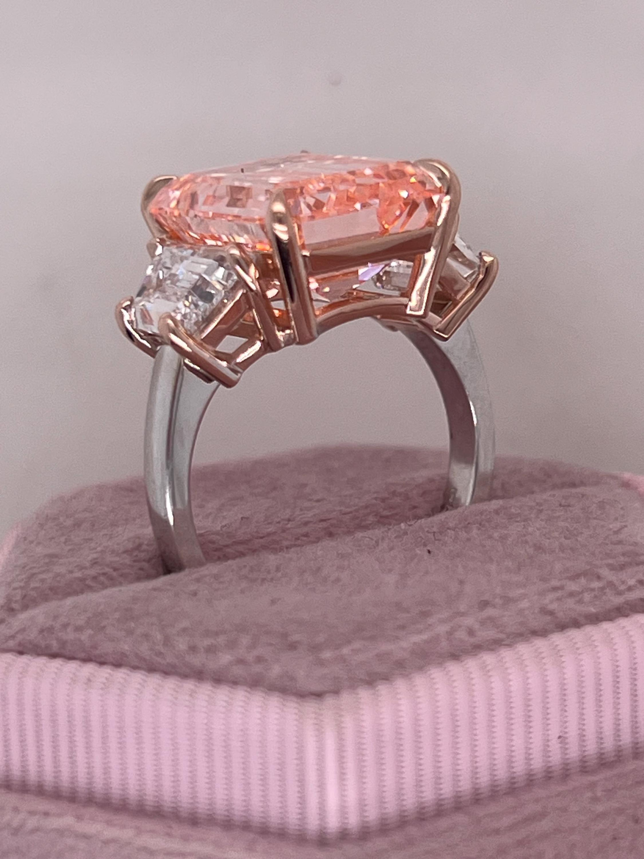 12.25 Carat Fancy Intense Pink Emerald Cut Three Diamond Two Tone Engagement Ring