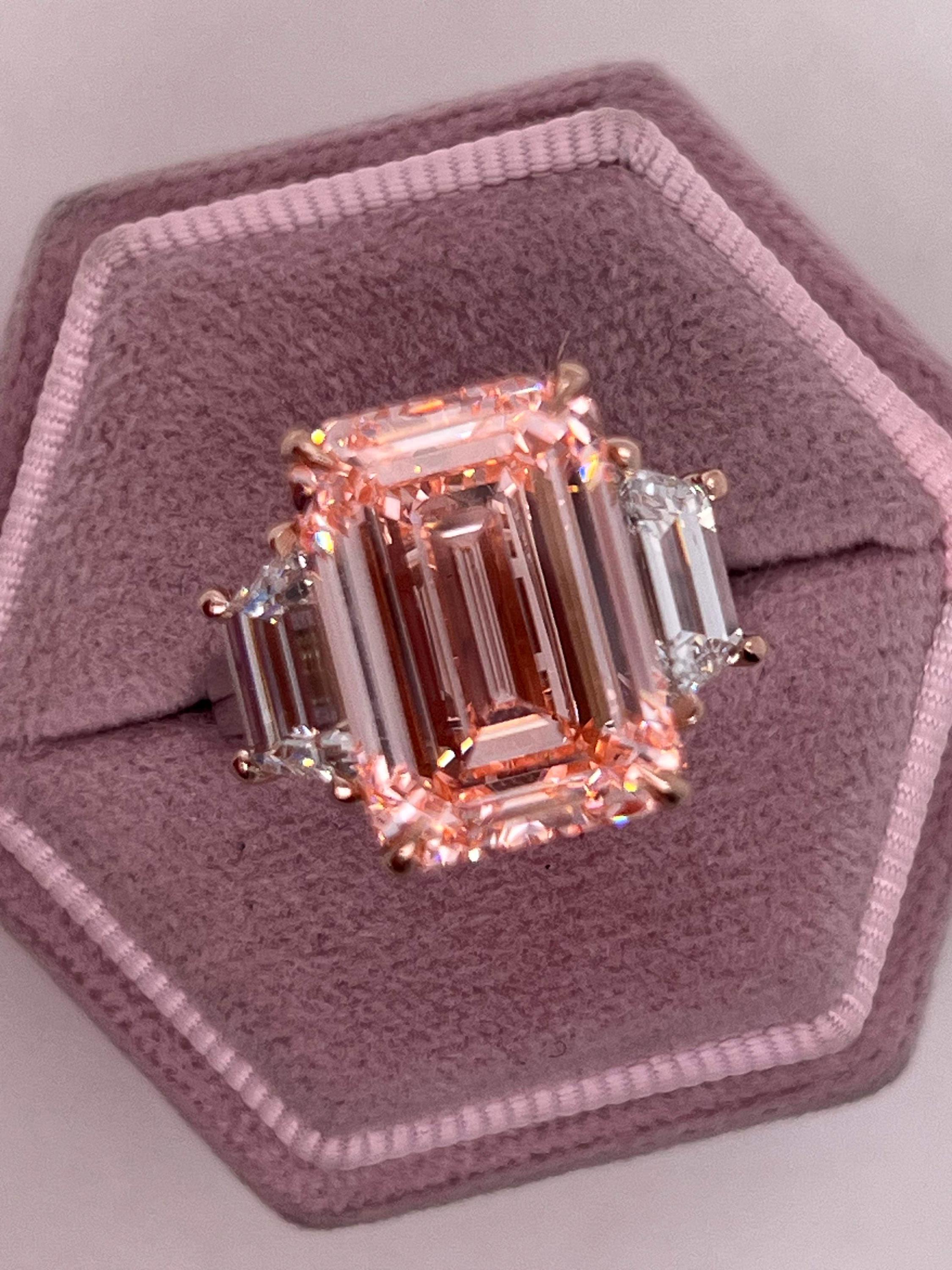 12.25 Carat Fancy Intense Pink Emerald Cut Three Diamond Two Tone Engagement Ring