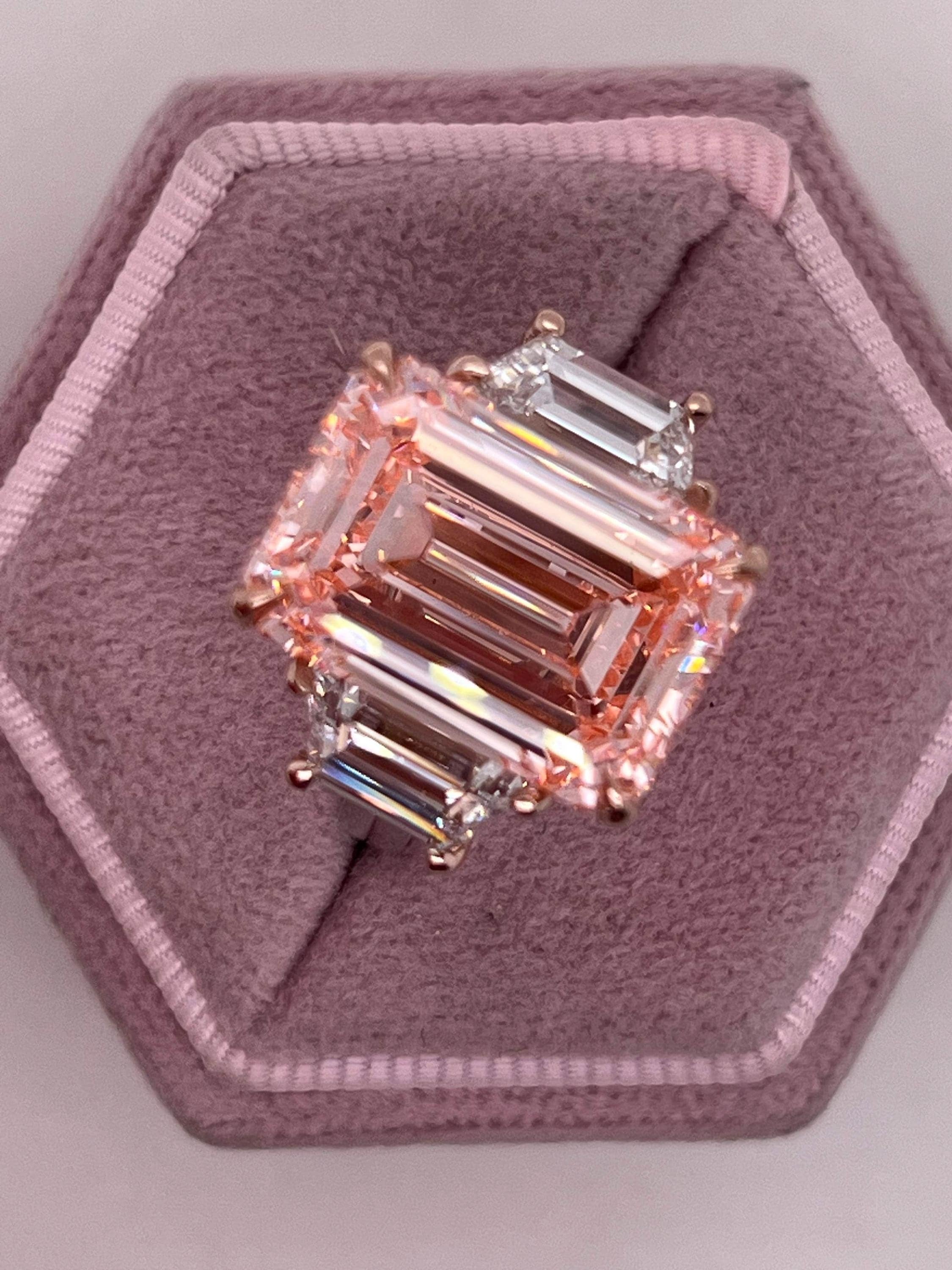 12.25 Carat Fancy Intense Pink Emerald Cut Three Diamond Two Tone Engagement Ring