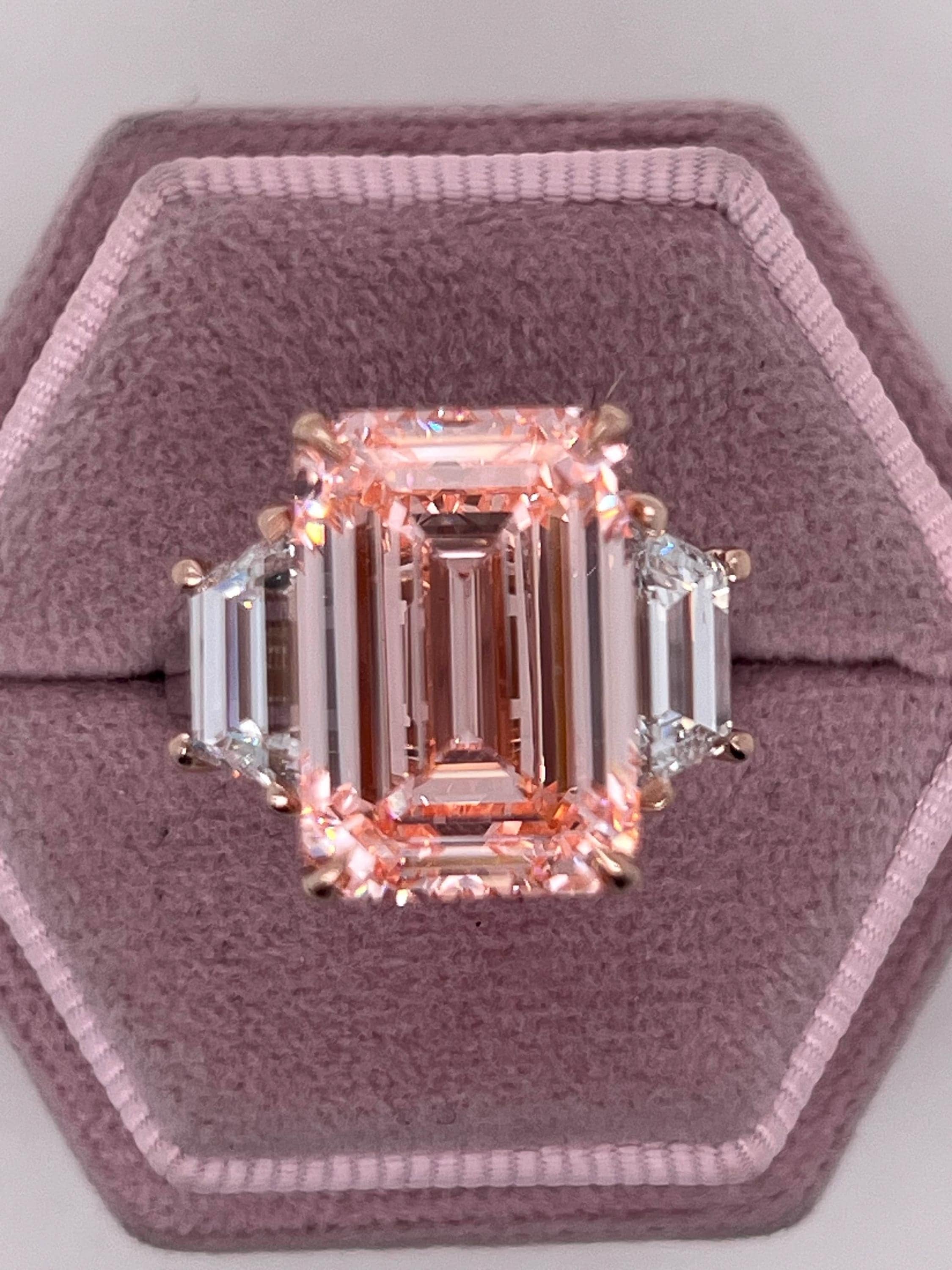 12.25 Carat Fancy Intense Pink Emerald Cut Three Diamond Two Tone Engagement Ring