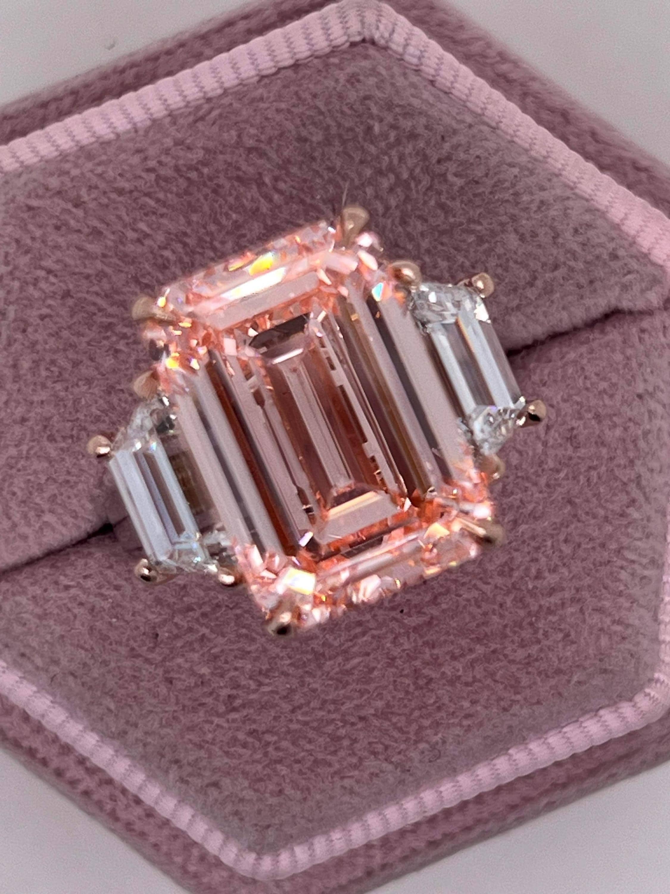 12.25 Carat Fancy Intense Pink Emerald Cut Three Diamond Two Tone Engagement Ring