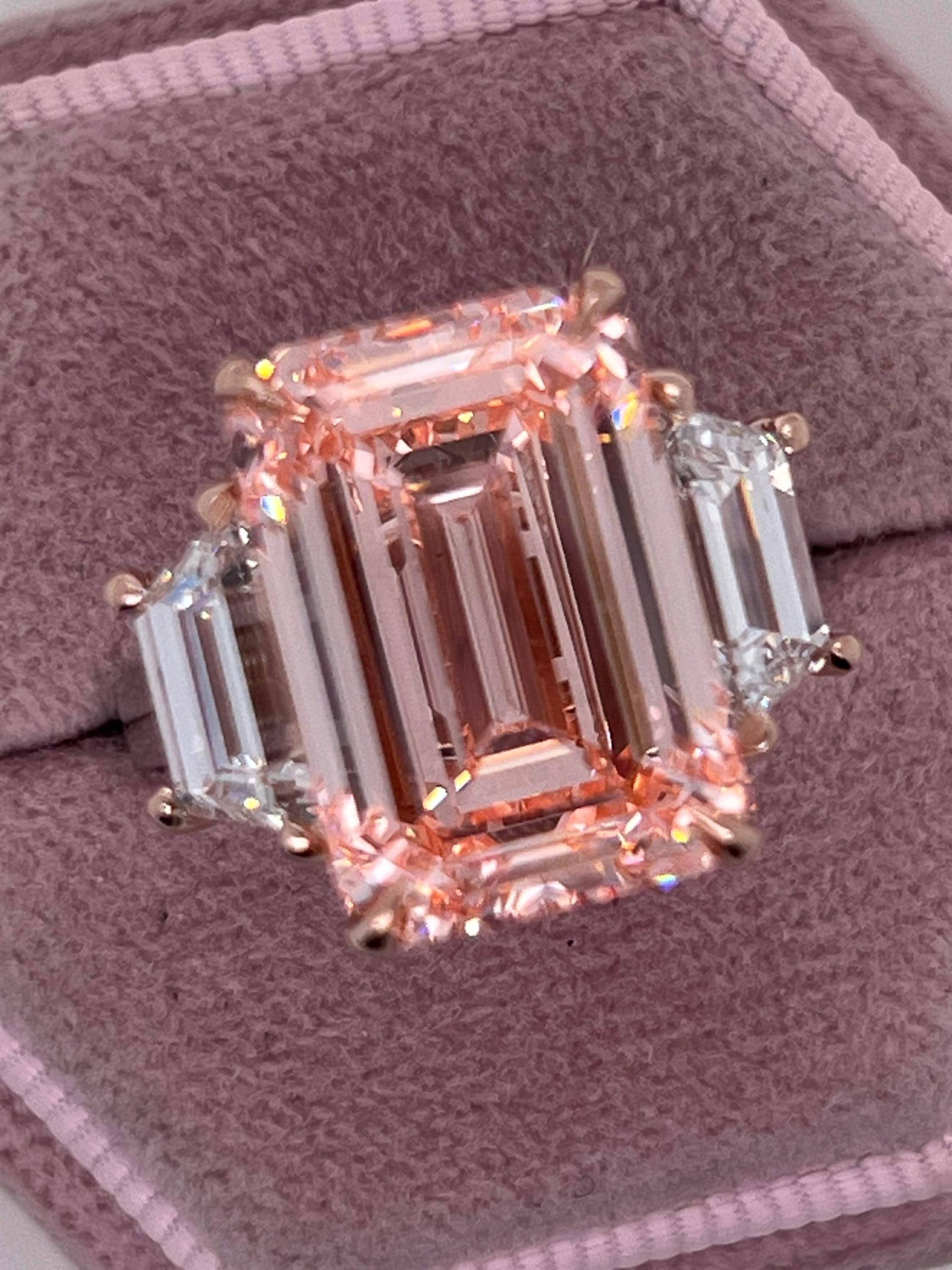 12.25 Carat Fancy Intense Pink Emerald Cut Three Diamond Two Tone Engagement Ring
