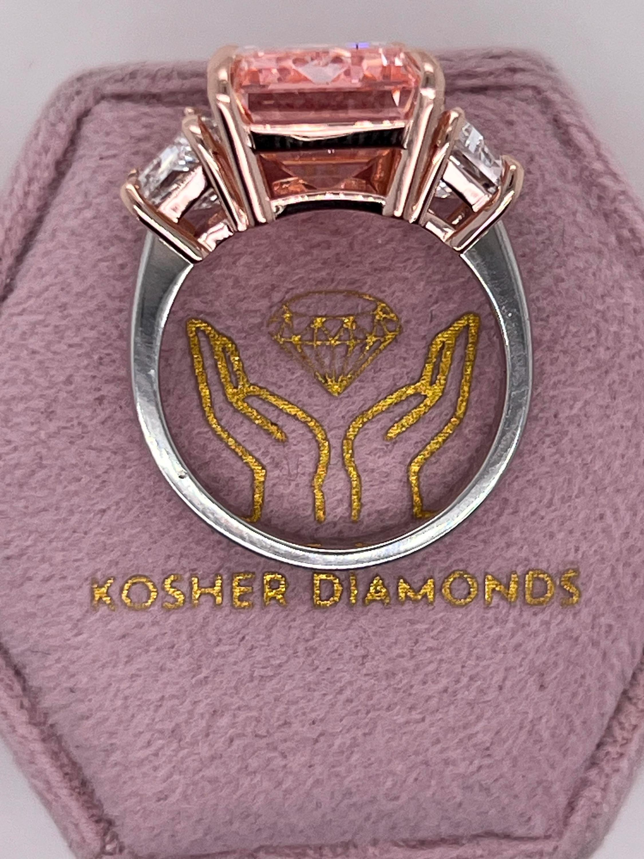 12.25 Carat Fancy Intense Pink Emerald Cut Three Diamond Two Tone Engagement Ring