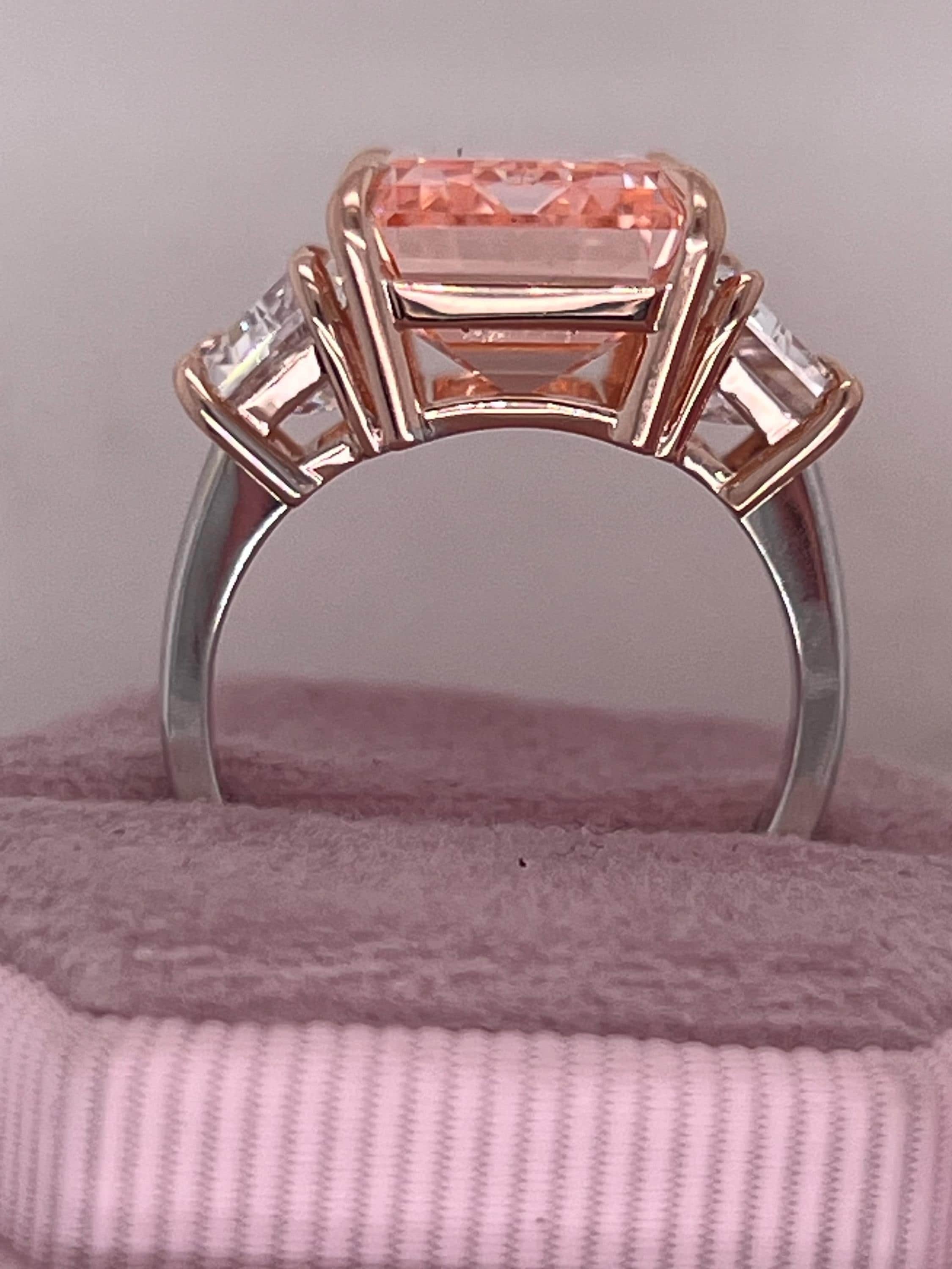 12.25 Carat Fancy Intense Pink Emerald Cut Three Diamond Two Tone Engagement Ring