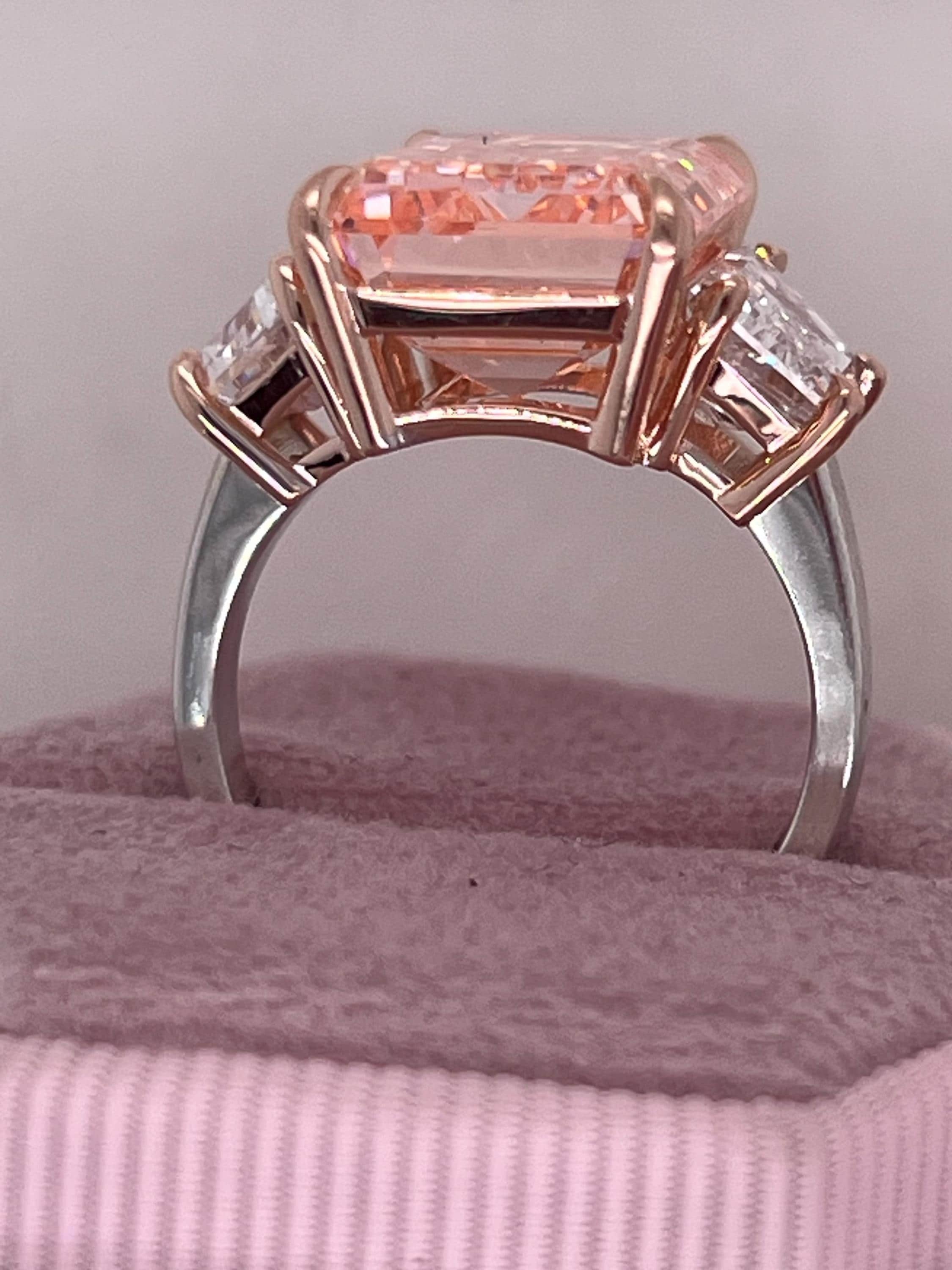 12.25 Carat Fancy Intense Pink Emerald Cut Three Diamond Two Tone Engagement Ring