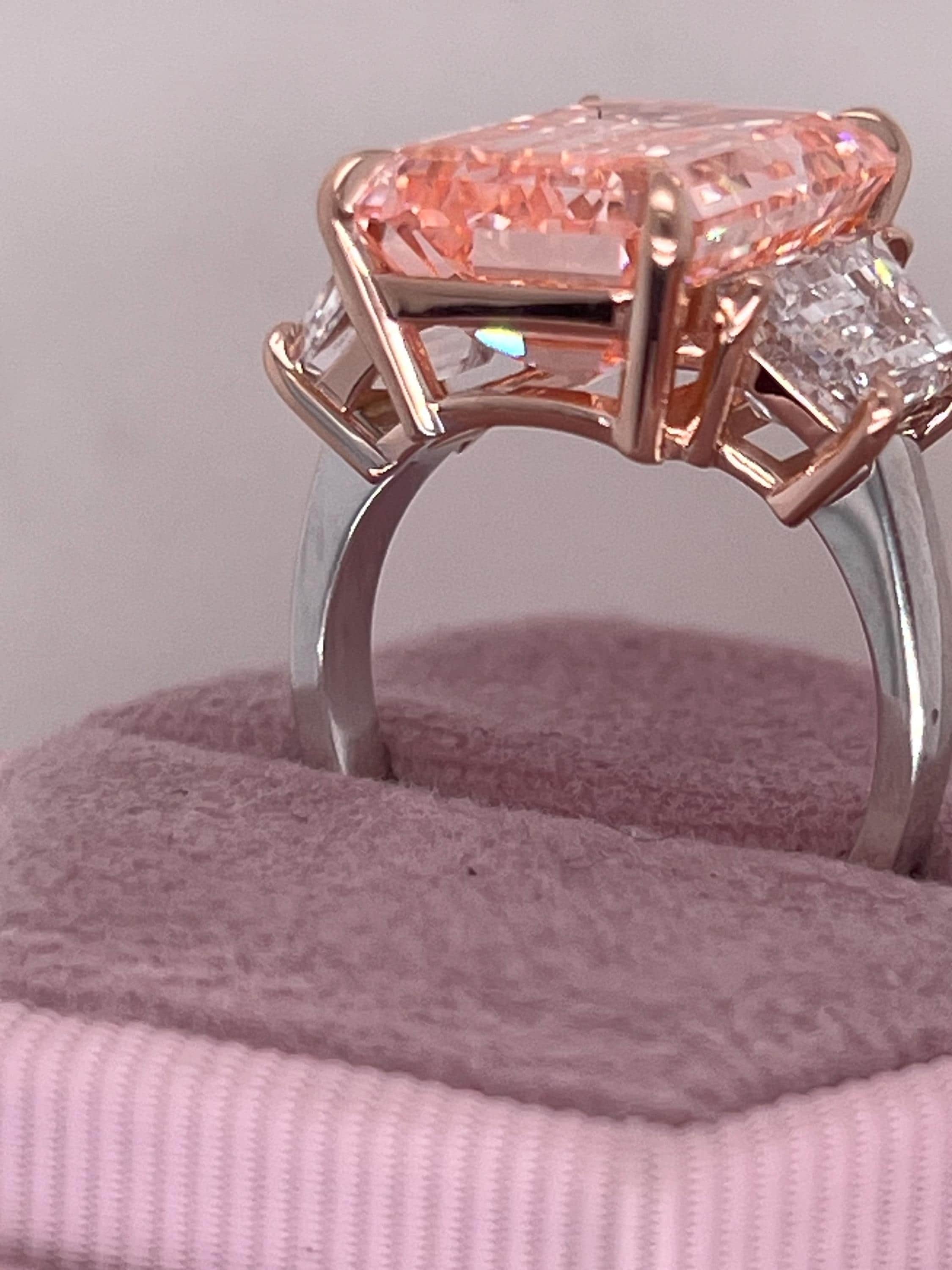 12.25 Carat Fancy Intense Pink Emerald Cut Three Diamond Two Tone Engagement Ring