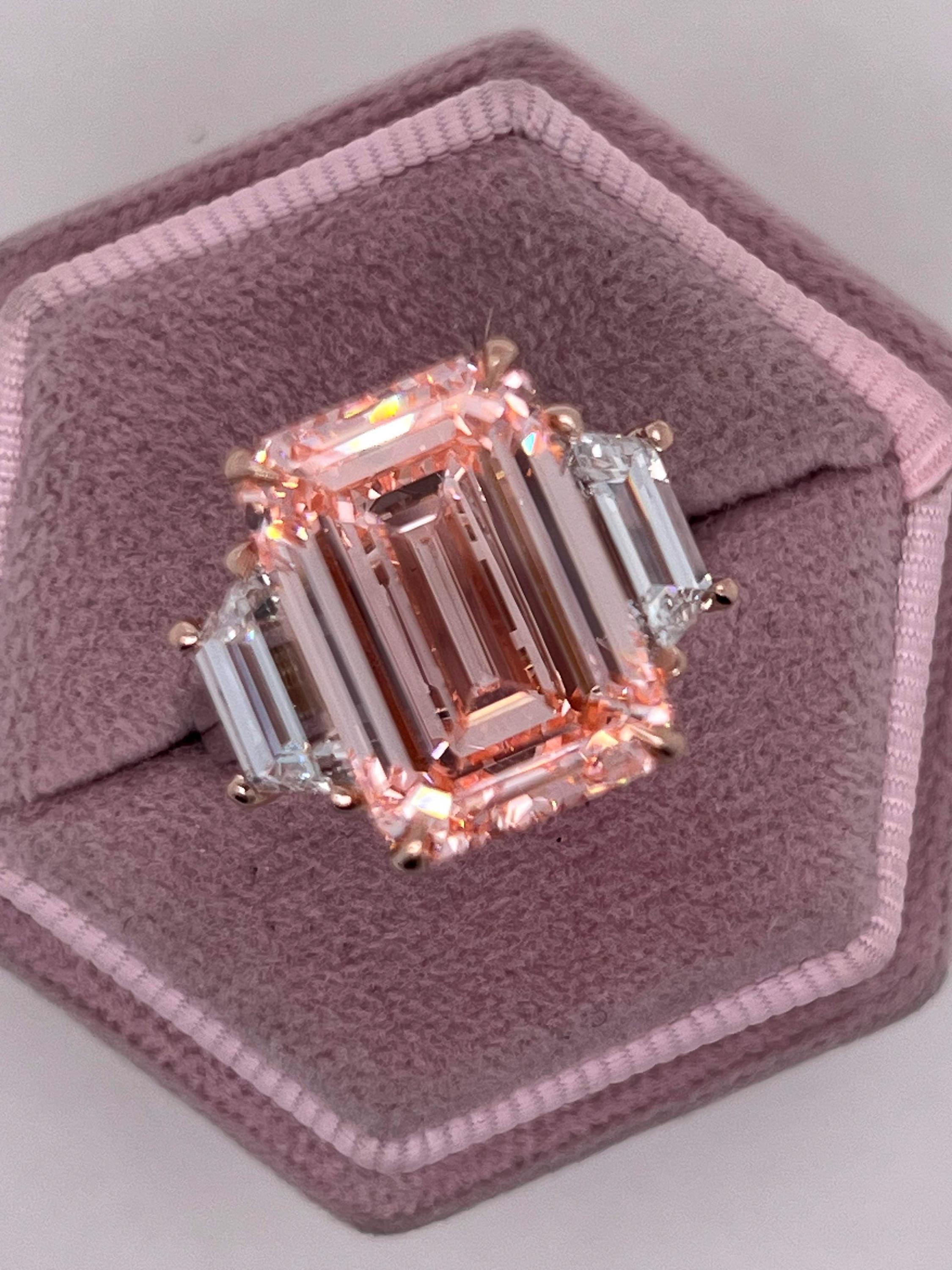 12.25 Carat Fancy Intense Pink Emerald Cut Three Diamond Two Tone Engagement Ring
