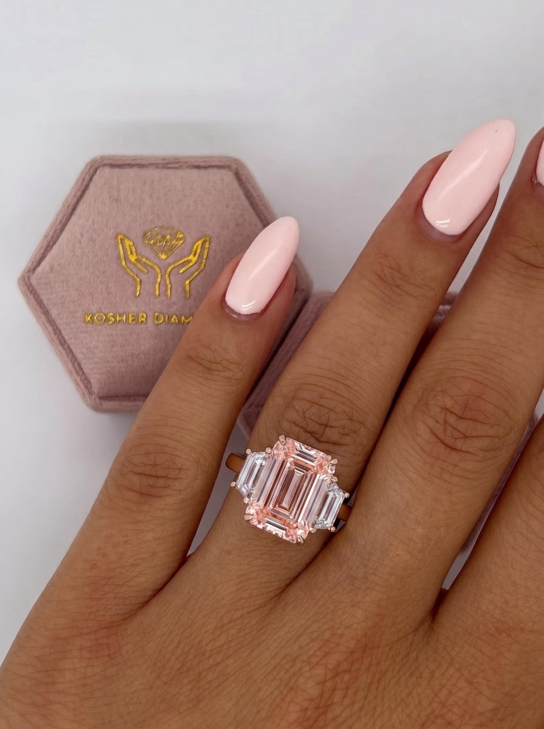12.25 Carat Fancy Intense Pink Emerald Cut Three Diamond Two Tone Engagement Ring