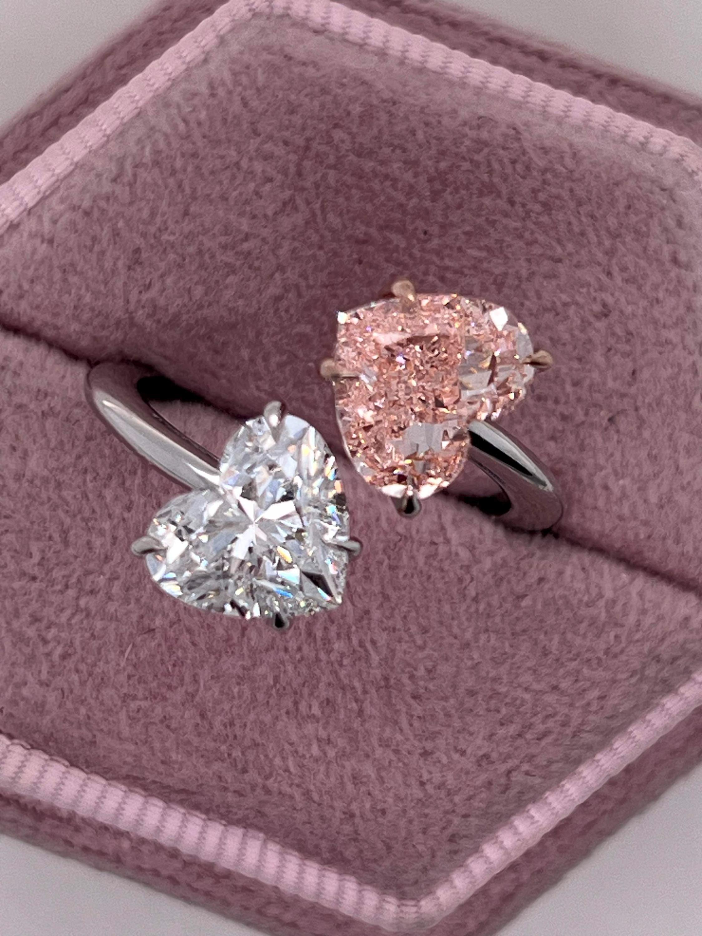 4.5 Carat Vivid Pink and D Color Heart Diamond Me & You Two Stone Ring Two Tone Toi et Moi Ring