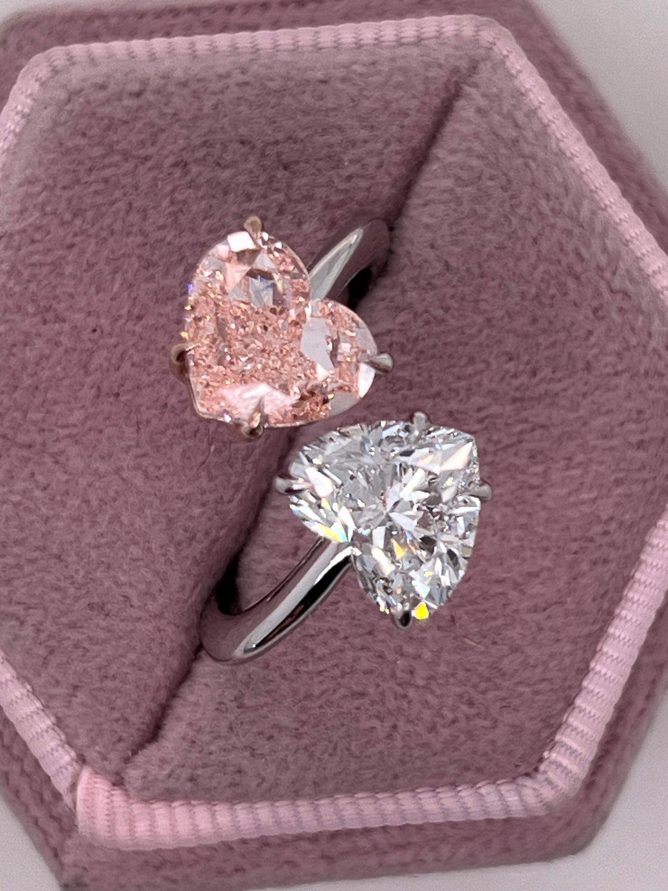 4.5 Carat Vivid Pink and D Color Heart Diamond Me & You Two Stone Ring Two Tone Toi et Moi Ring