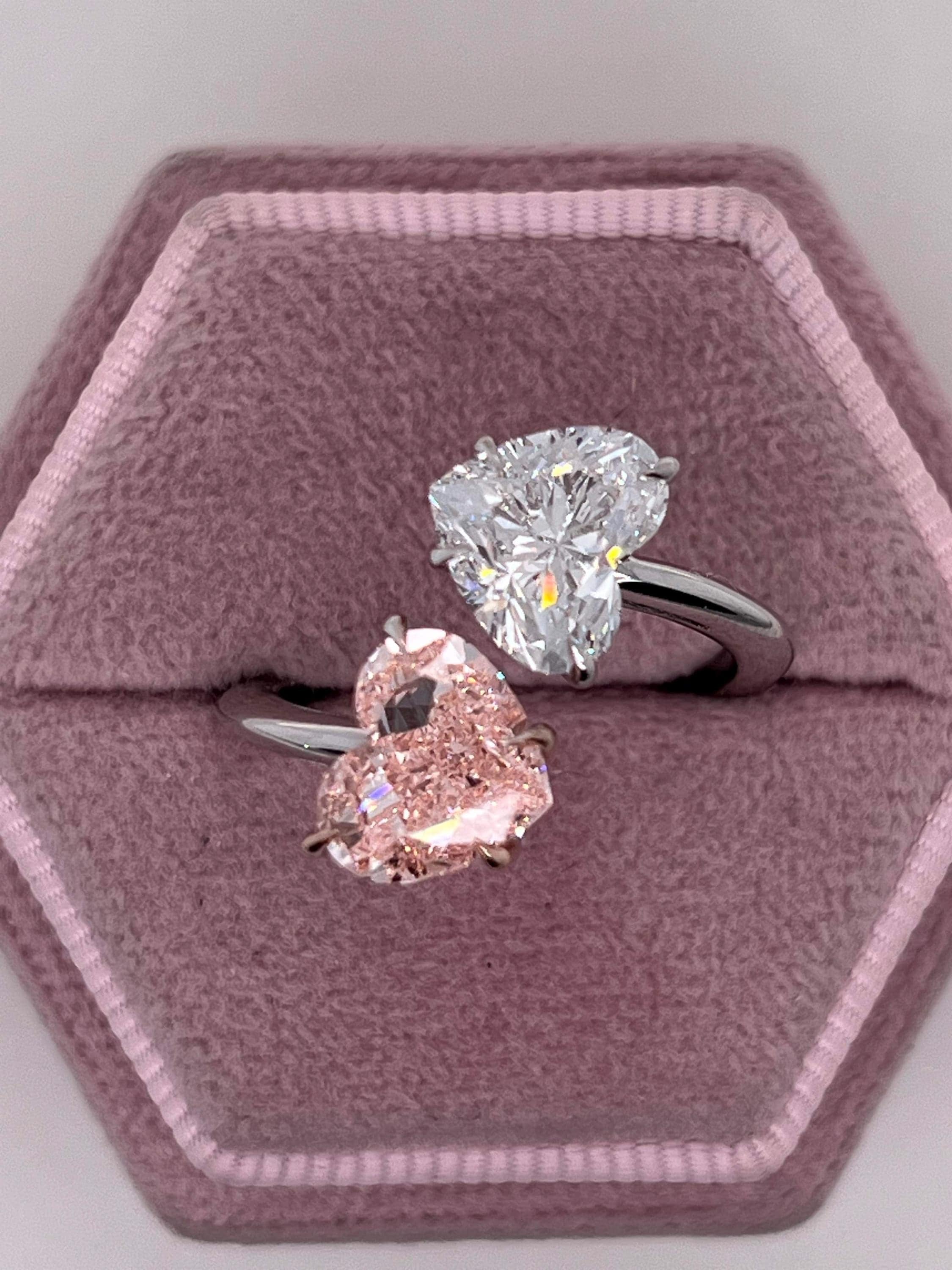 4.5 Carat Vivid Pink and D Color Heart Diamond Me & You Two Stone Ring Two Tone Toi et Moi Ring