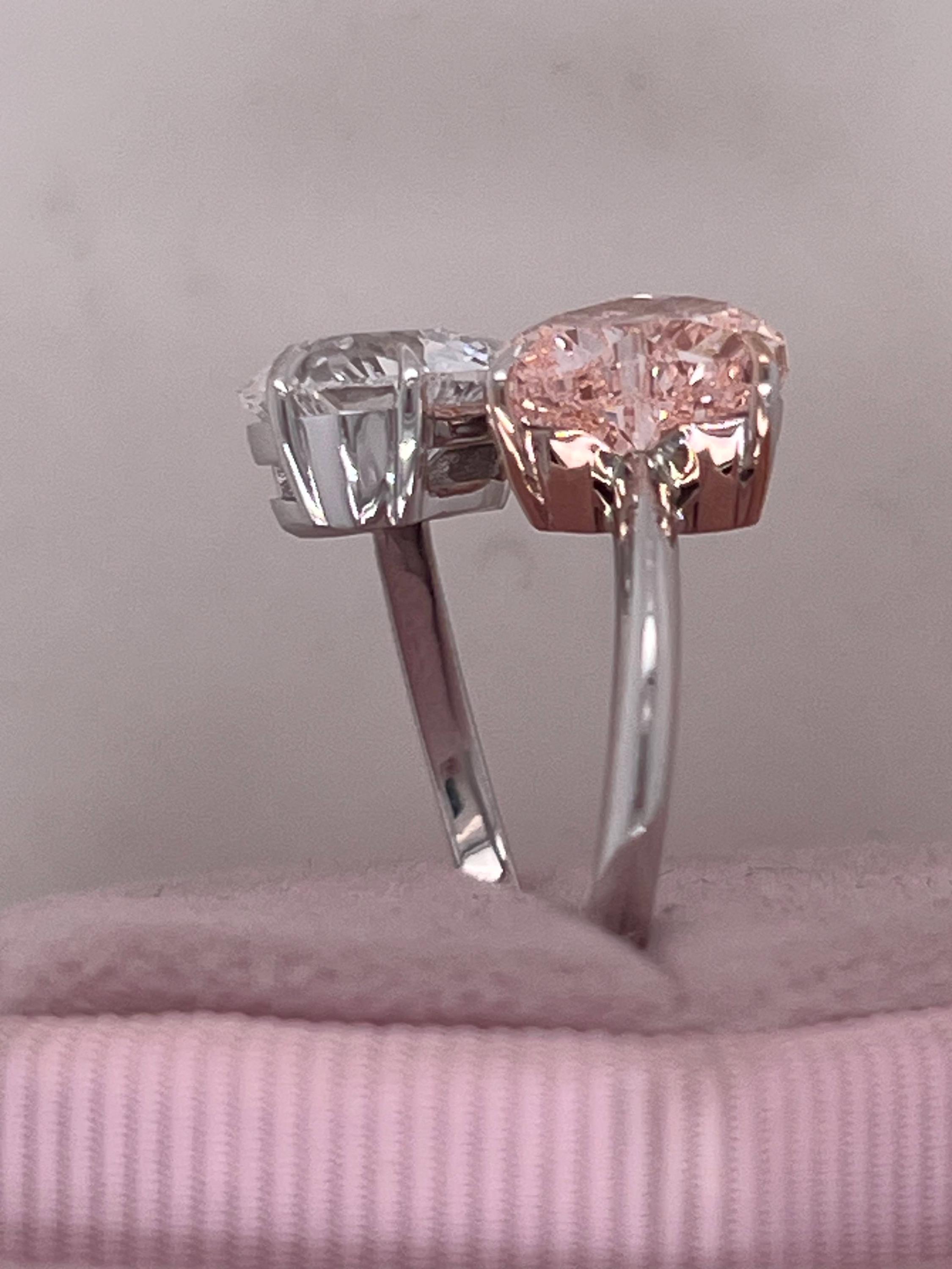 4.5 Carat Vivid Pink and D Color Heart Diamond Me & You Two Stone Ring Two Tone Toi et Moi Ring