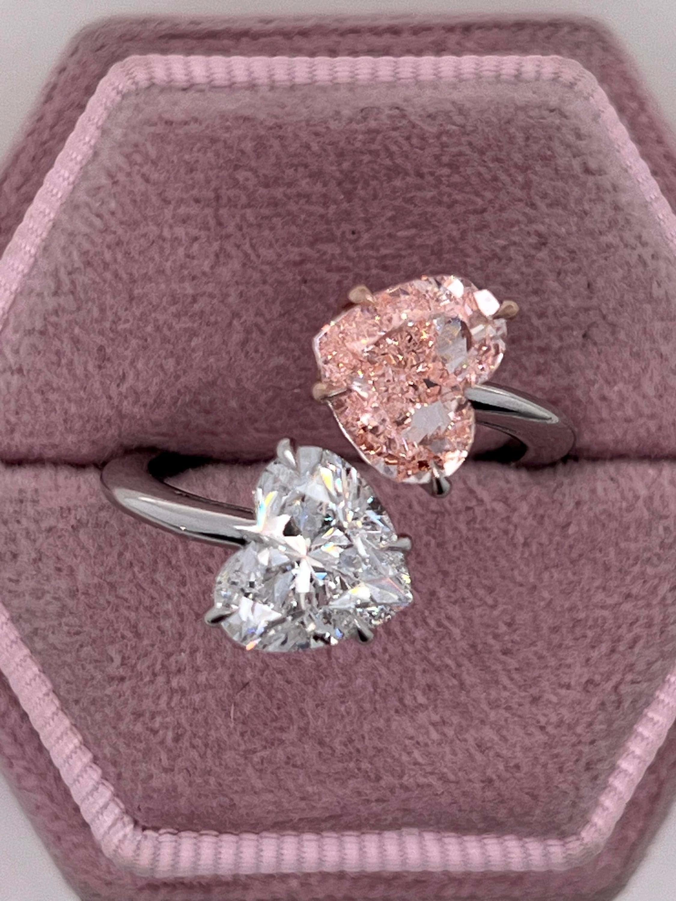 4.5 Carat Vivid Pink and D Color Heart Diamond Me & You Two Stone Ring Two Tone Toi et Moi Ring