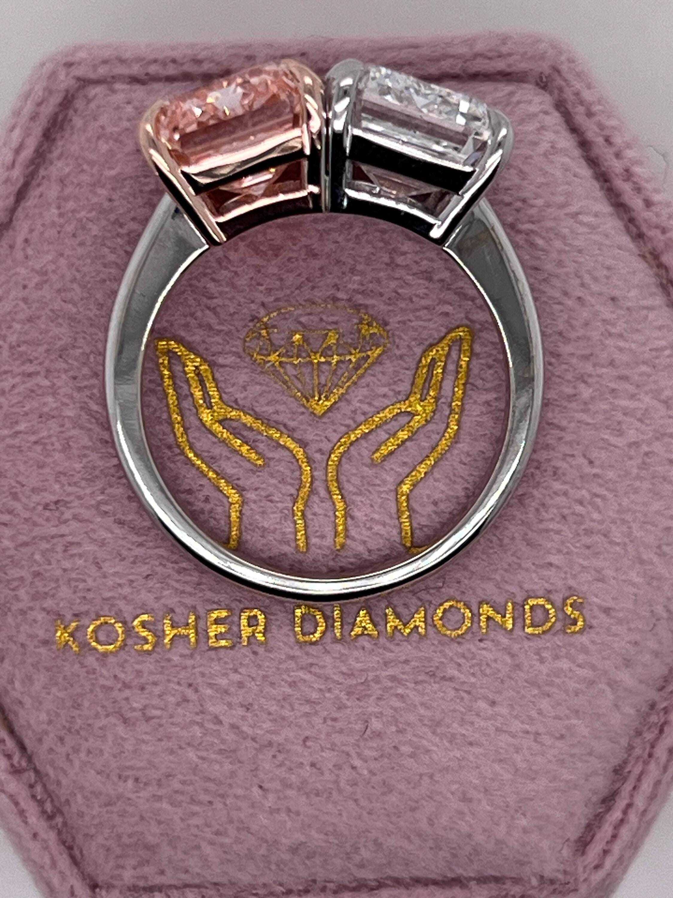10 Carat Total Emerald Cut Vivid Pink and D Color Me & You Two Stone Diamond Ring