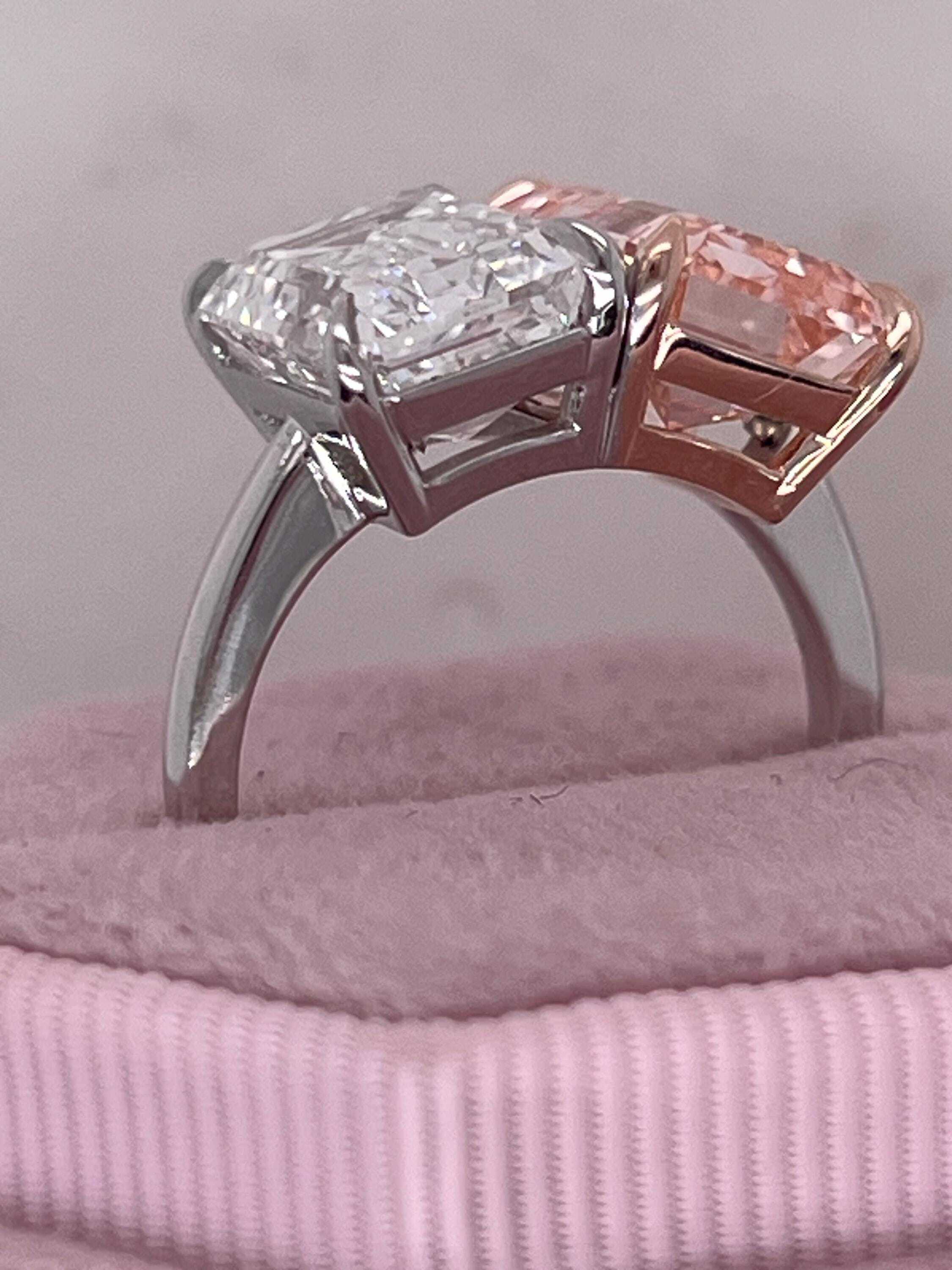 10 Carat Total Emerald Cut Vivid Pink and D Color Me & You Two Stone Diamond Ring