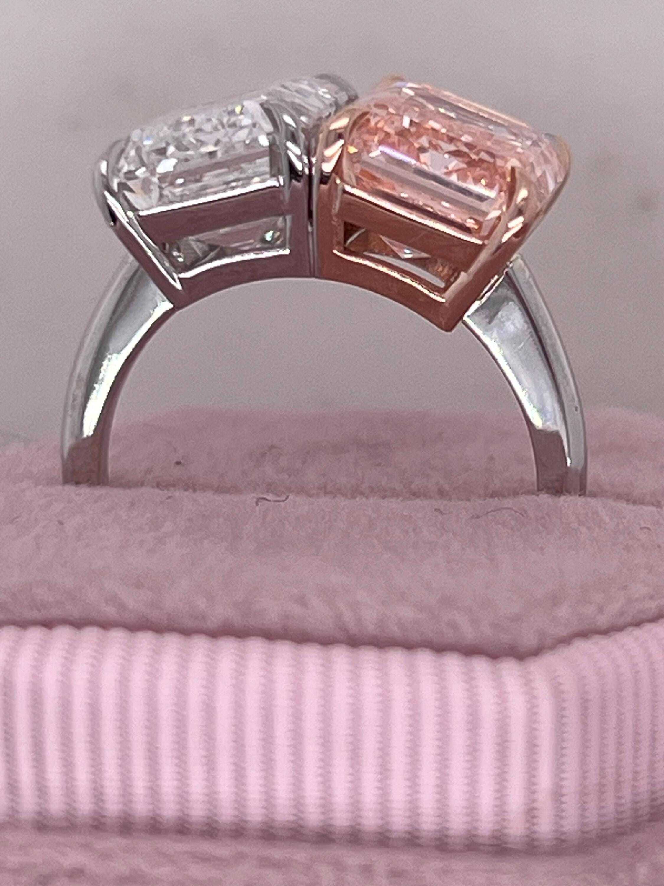 10 Carat Total Emerald Cut Vivid Pink and D Color Me & You Two Stone Diamond Ring