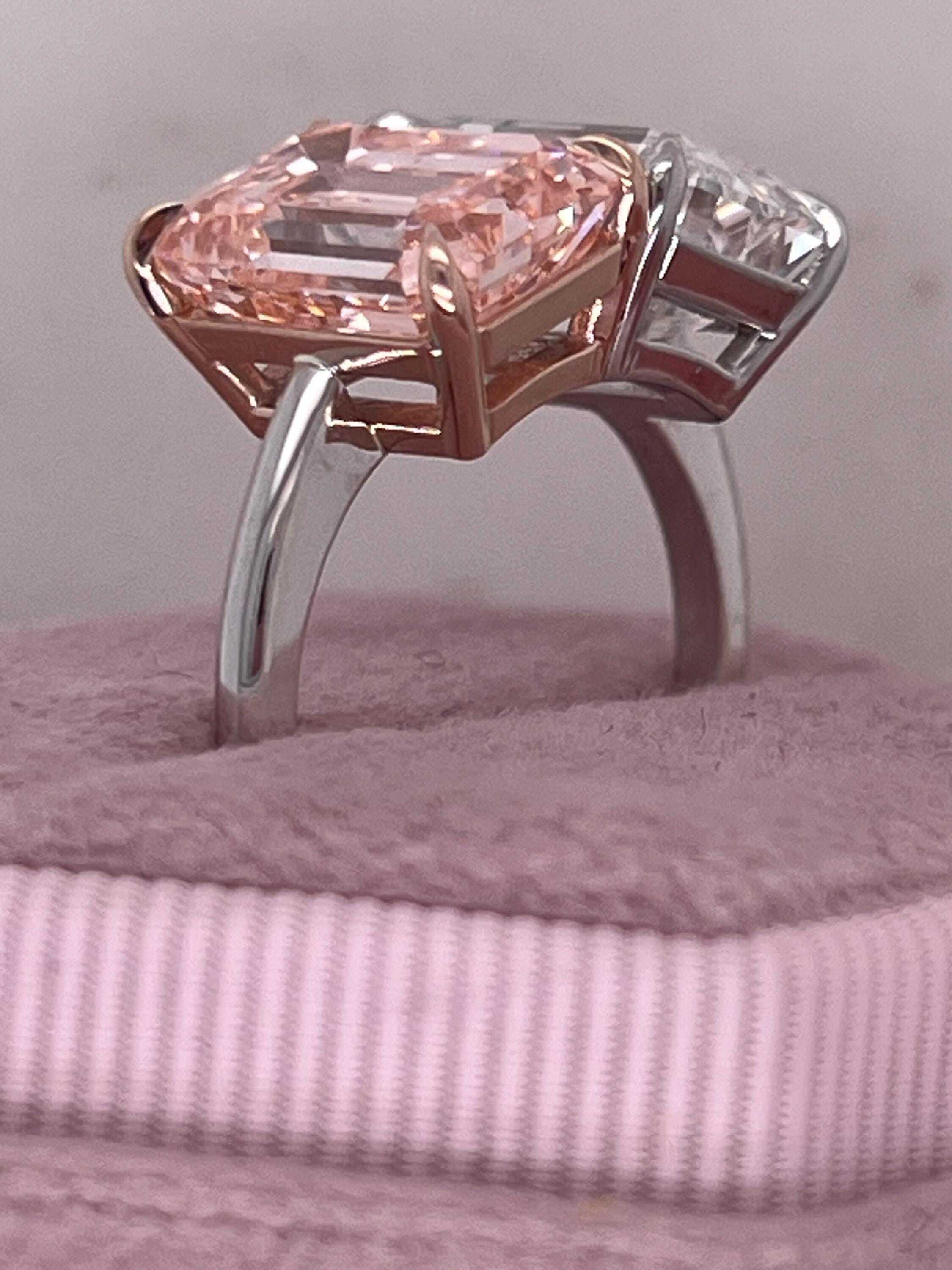 10 Carat Total Emerald Cut Vivid Pink and D Color Me & You Two Stone Diamond Ring
