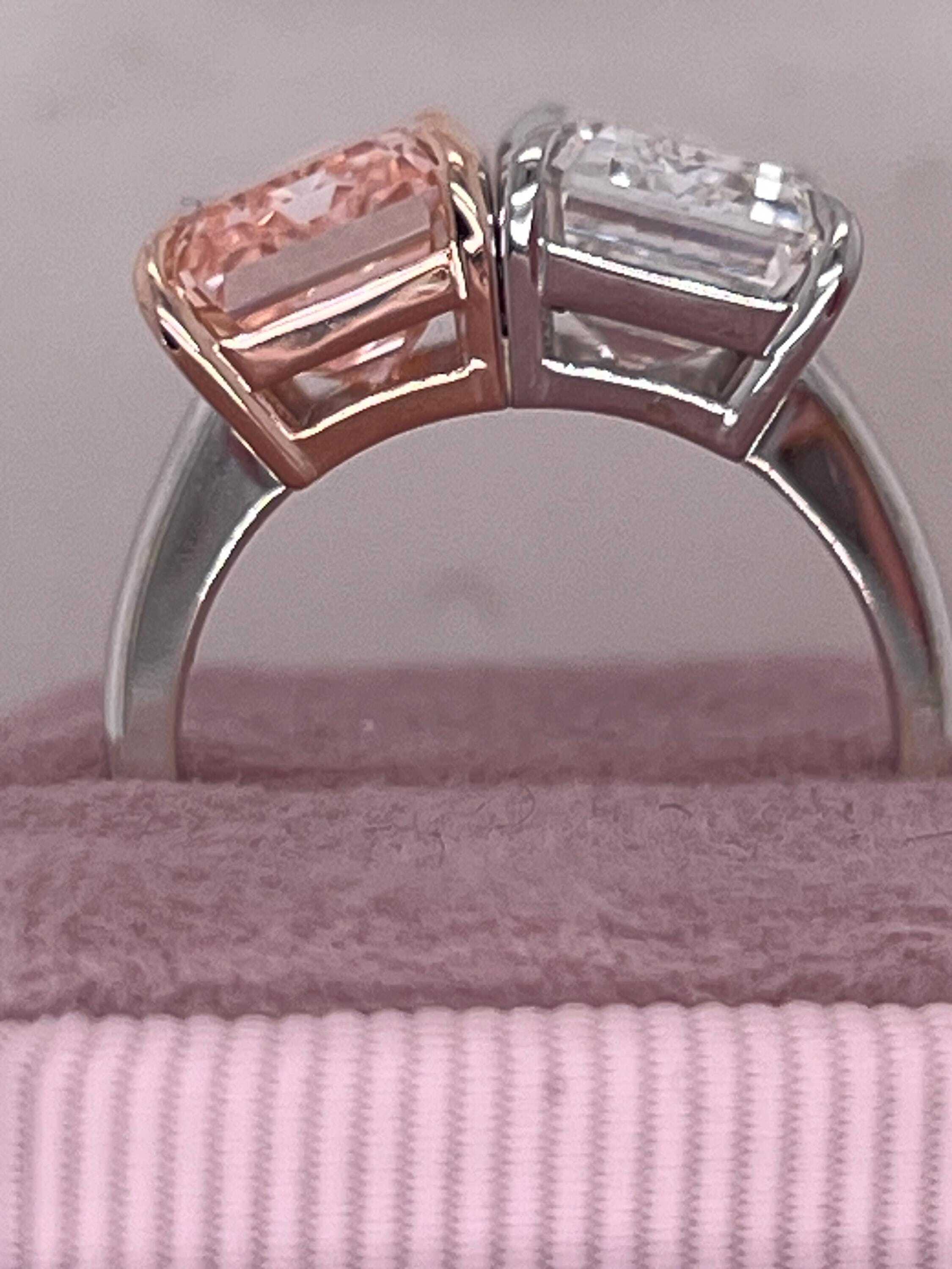 10 Carat Total Emerald Cut Vivid Pink and D Color Me & You Two Stone Diamond Ring