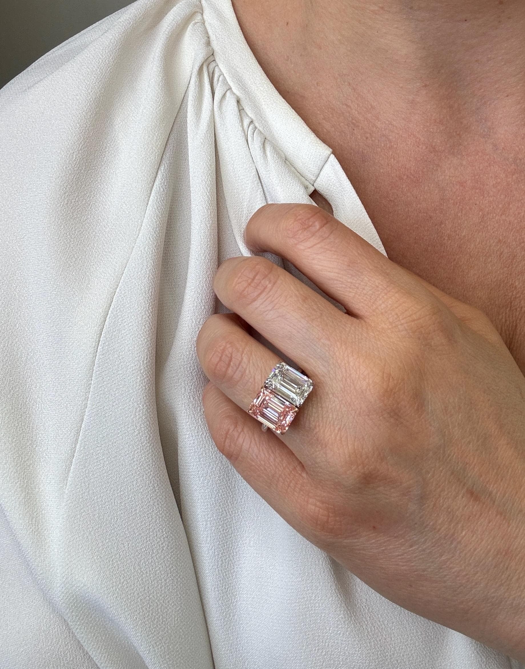 10 Carat Total Emerald Cut Vivid Pink and D Color Me & You Two Stone Diamond Ring