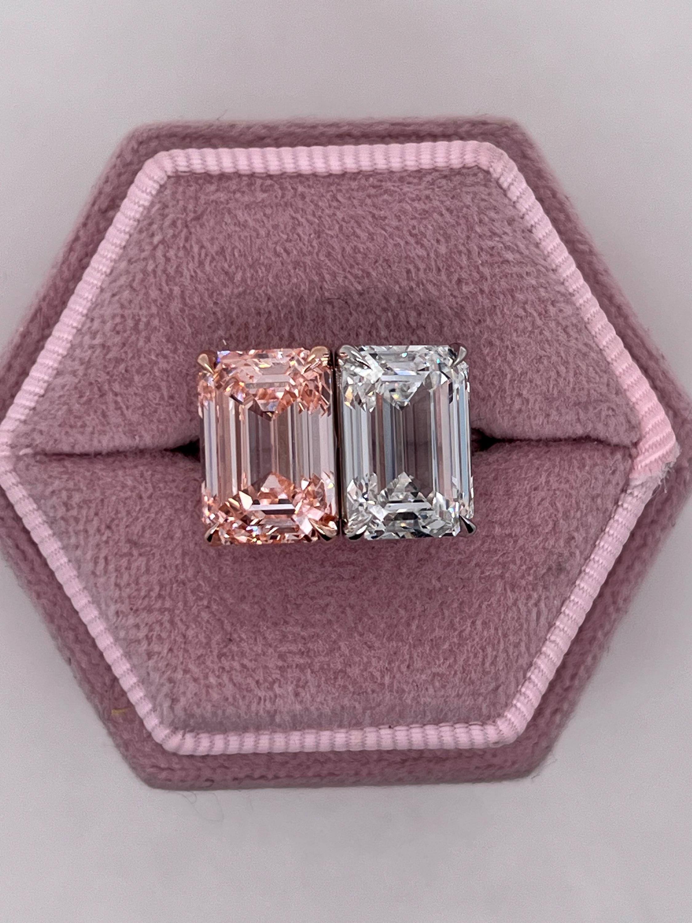 10 Carat Total Emerald Cut Vivid Pink and D Color Me & You Two Stone Diamond Ring