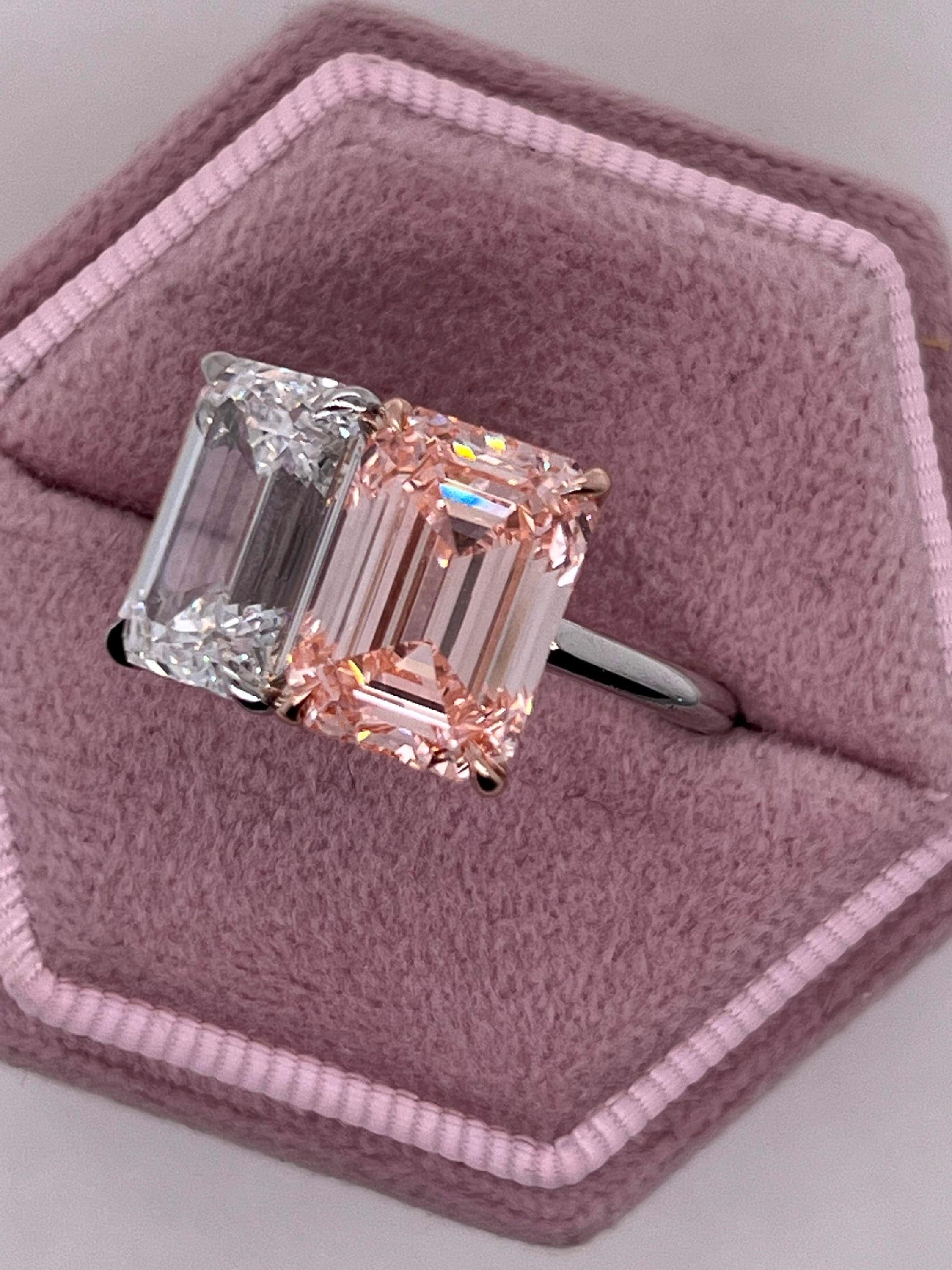 10 Carat Total Emerald Cut Vivid Pink and D Color Me & You Two Stone Diamond Ring
