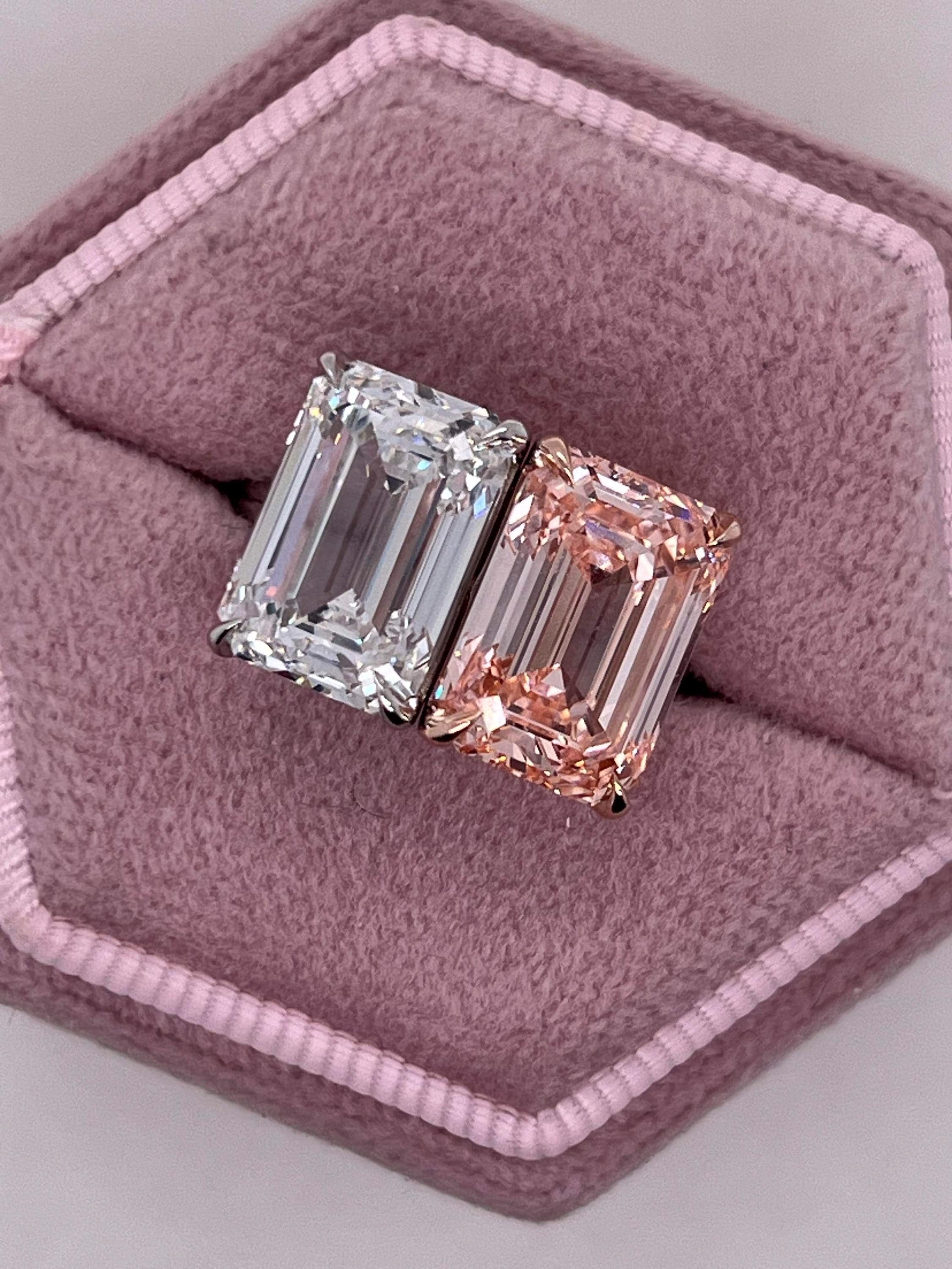 10 Carat Total Emerald Cut Vivid Pink and D Color Me & You Two Stone Diamond Ring