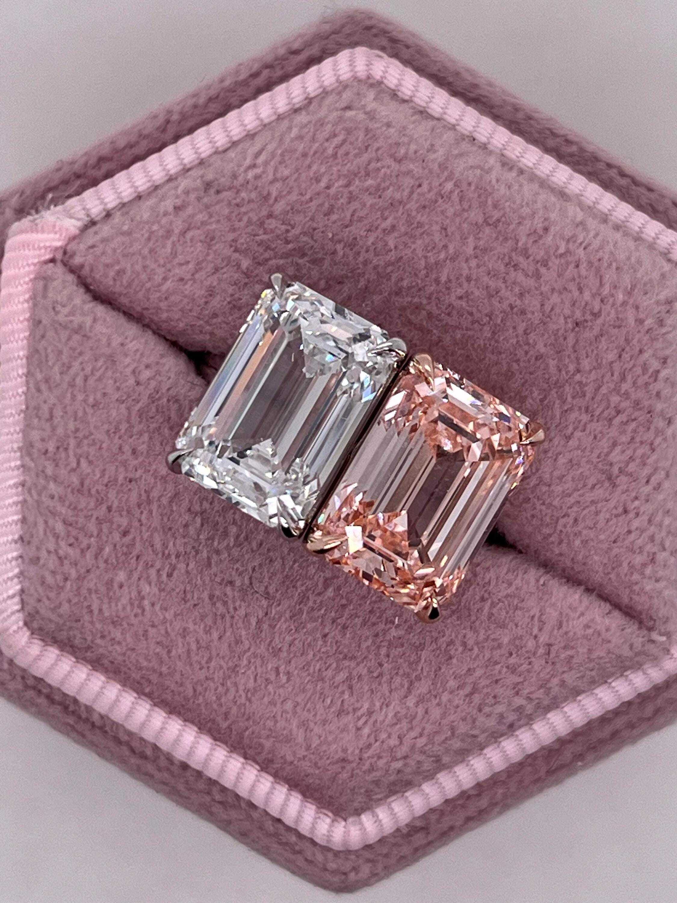 10 Carat Total Emerald Cut Vivid Pink and D Color Me & You Two Stone Diamond Ring