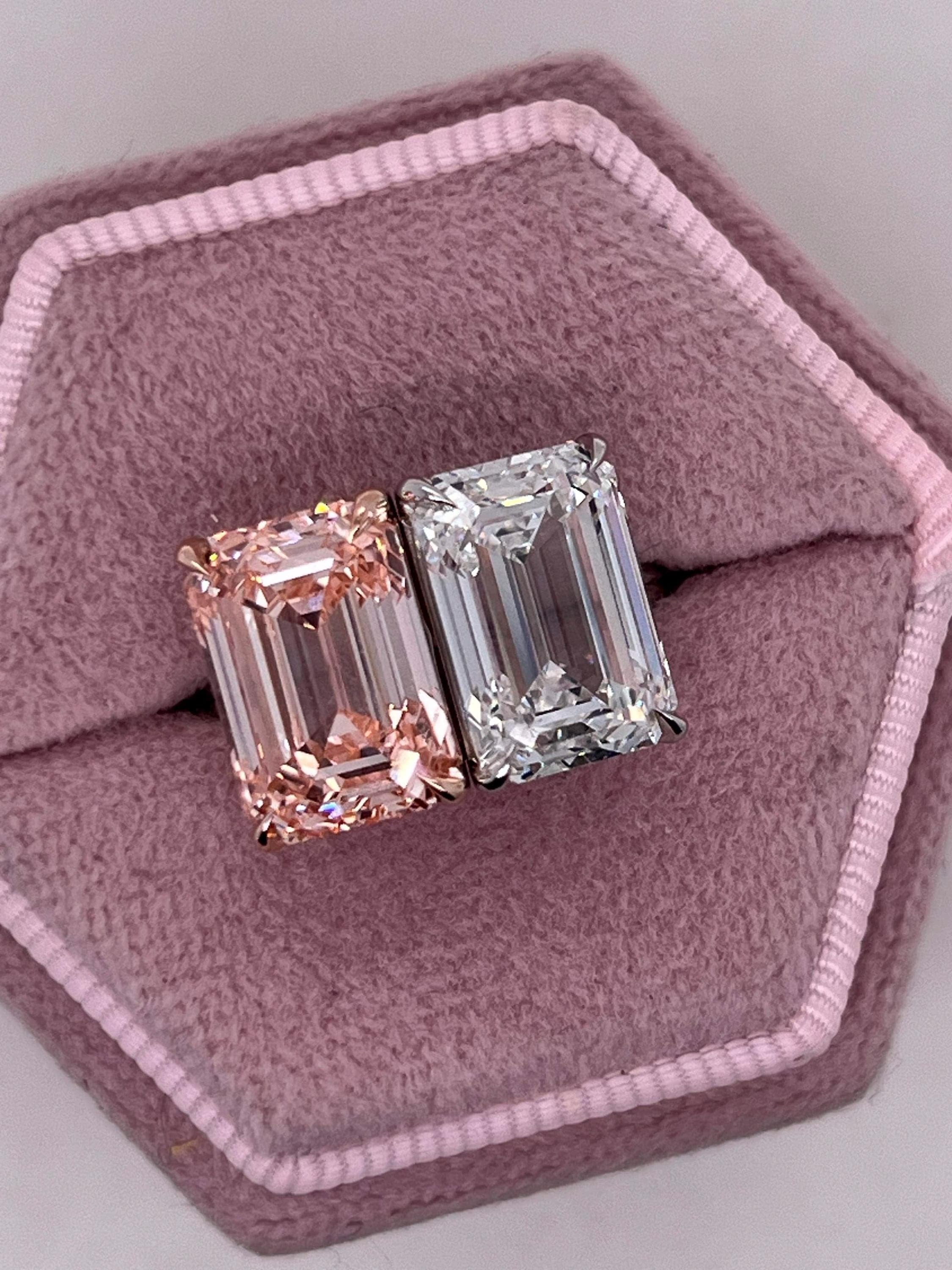 10 Carat Total Emerald Cut Vivid Pink and D Color Me & You Two Stone Diamond Ring