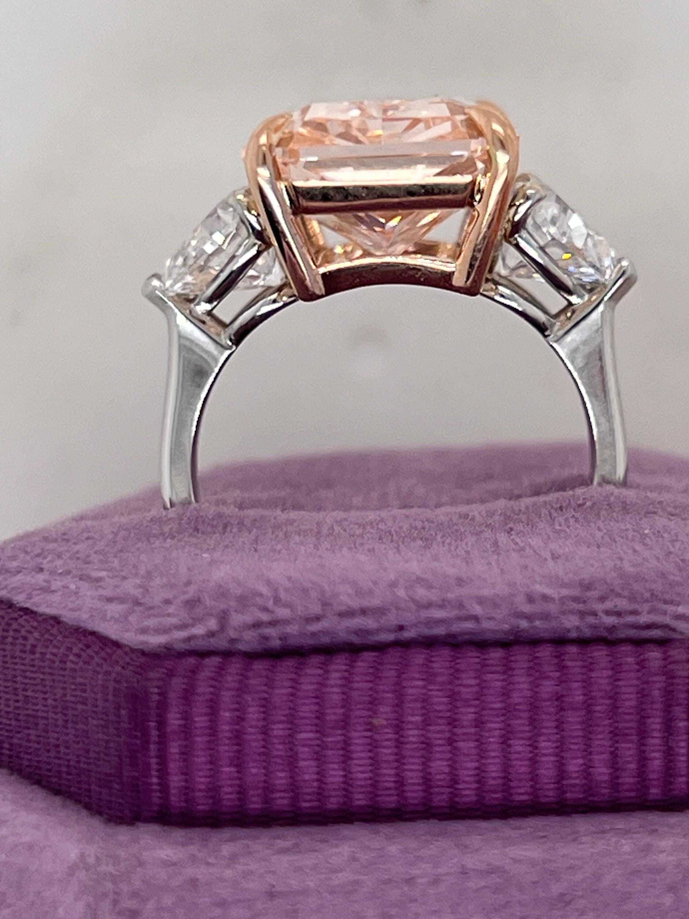 13 Carat Fancy Vivid Pink Radiant Cut with Side Hearts Three Stone Diamond Engagement Ring