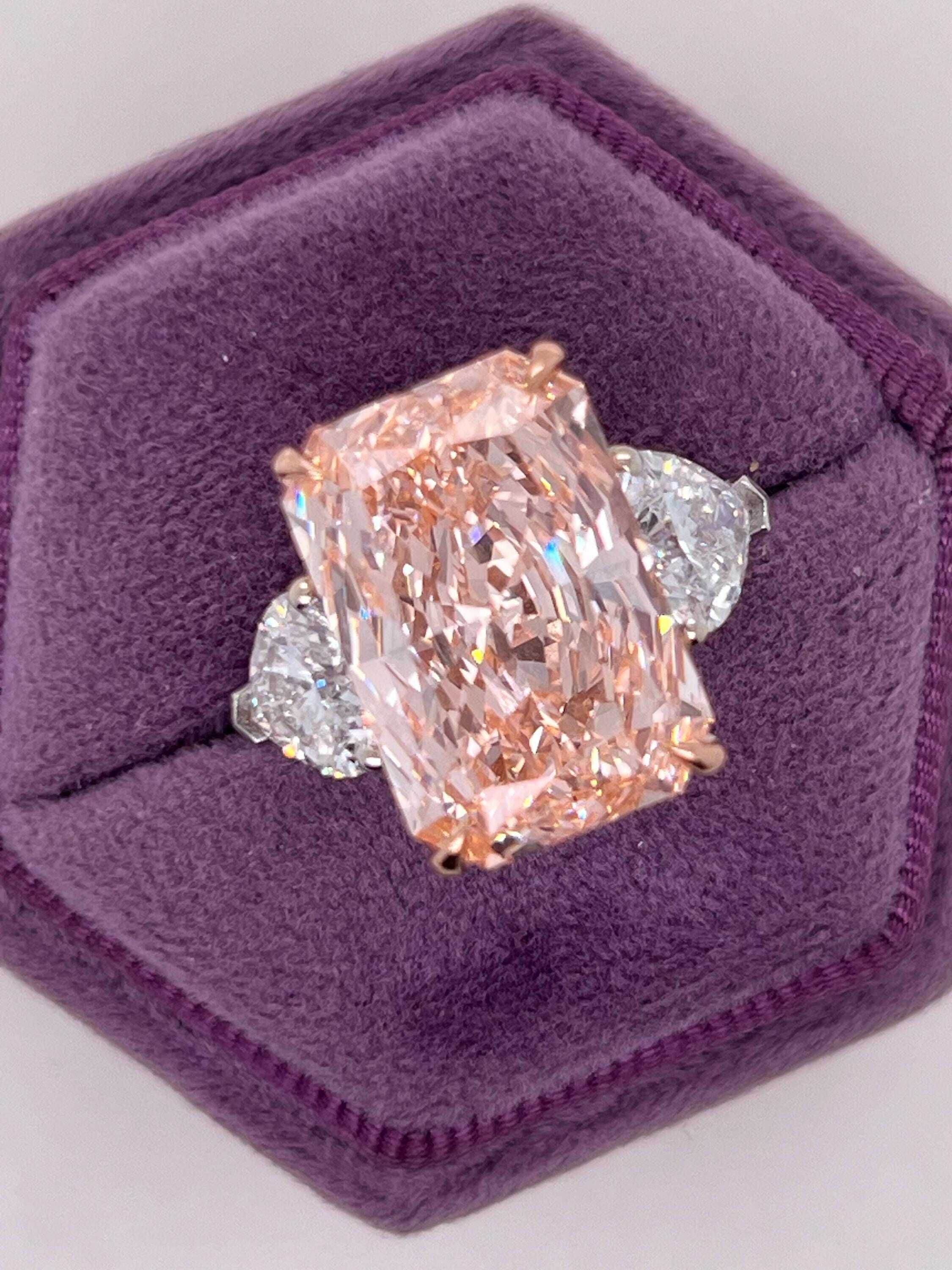 13 Carat Fancy Vivid Pink Radiant Cut with Side Hearts Three Stone Diamond Engagement Ring