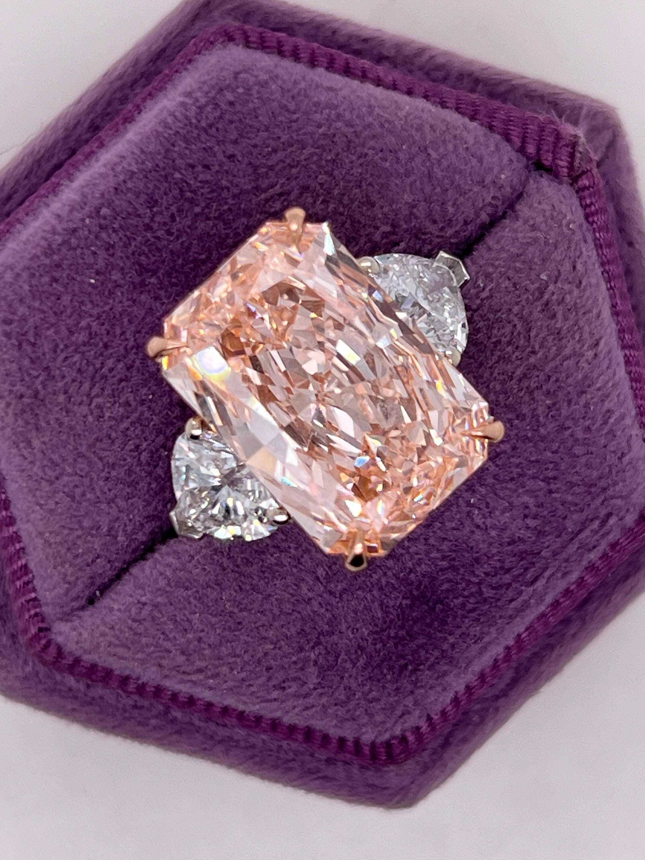 13 Carat Fancy Vivid Pink Radiant Cut with Side Hearts Three Stone Diamond Engagement Ring