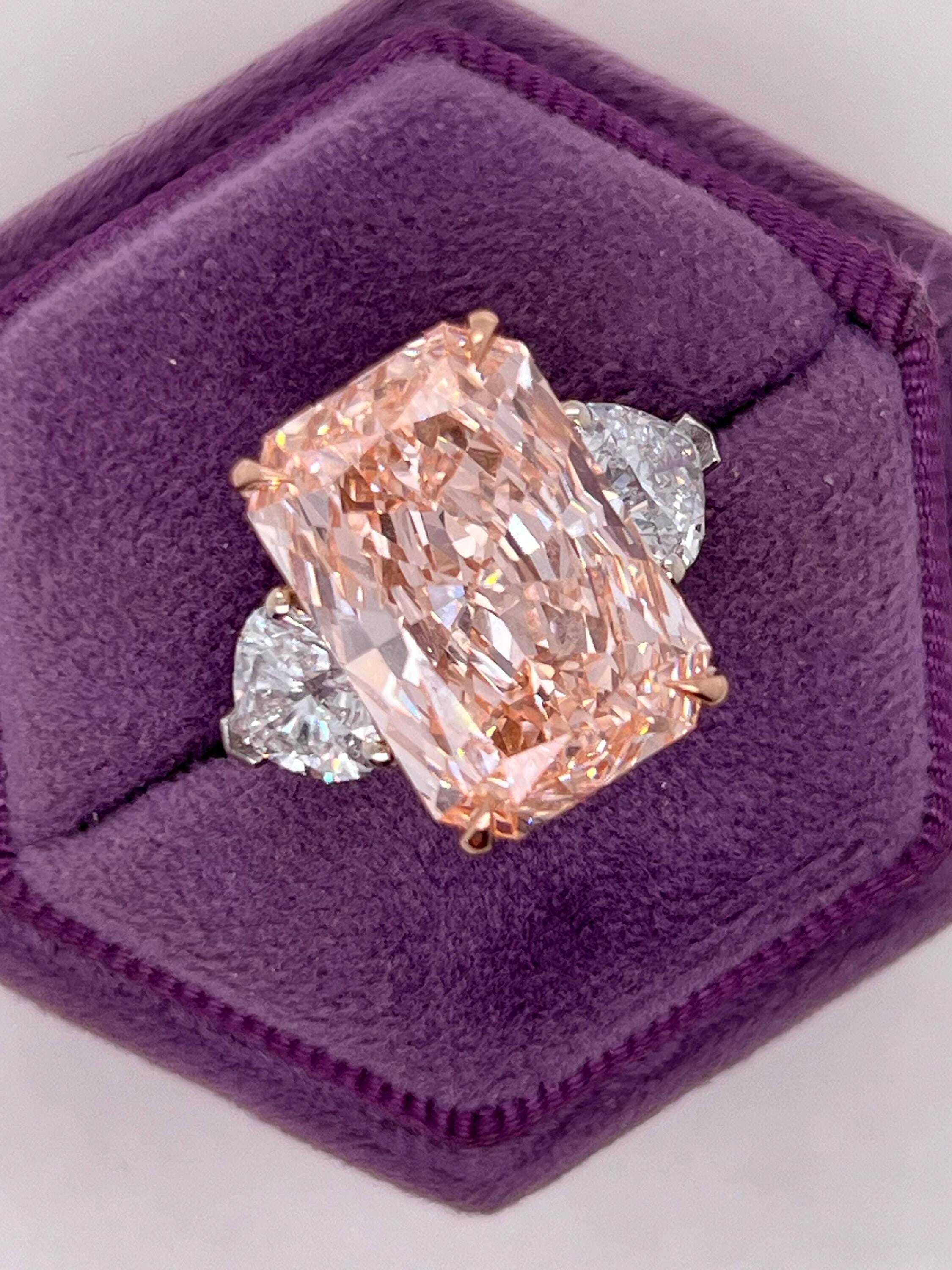 13 Carat Fancy Vivid Pink Radiant Cut with Side Hearts Three Stone Diamond Engagement Ring